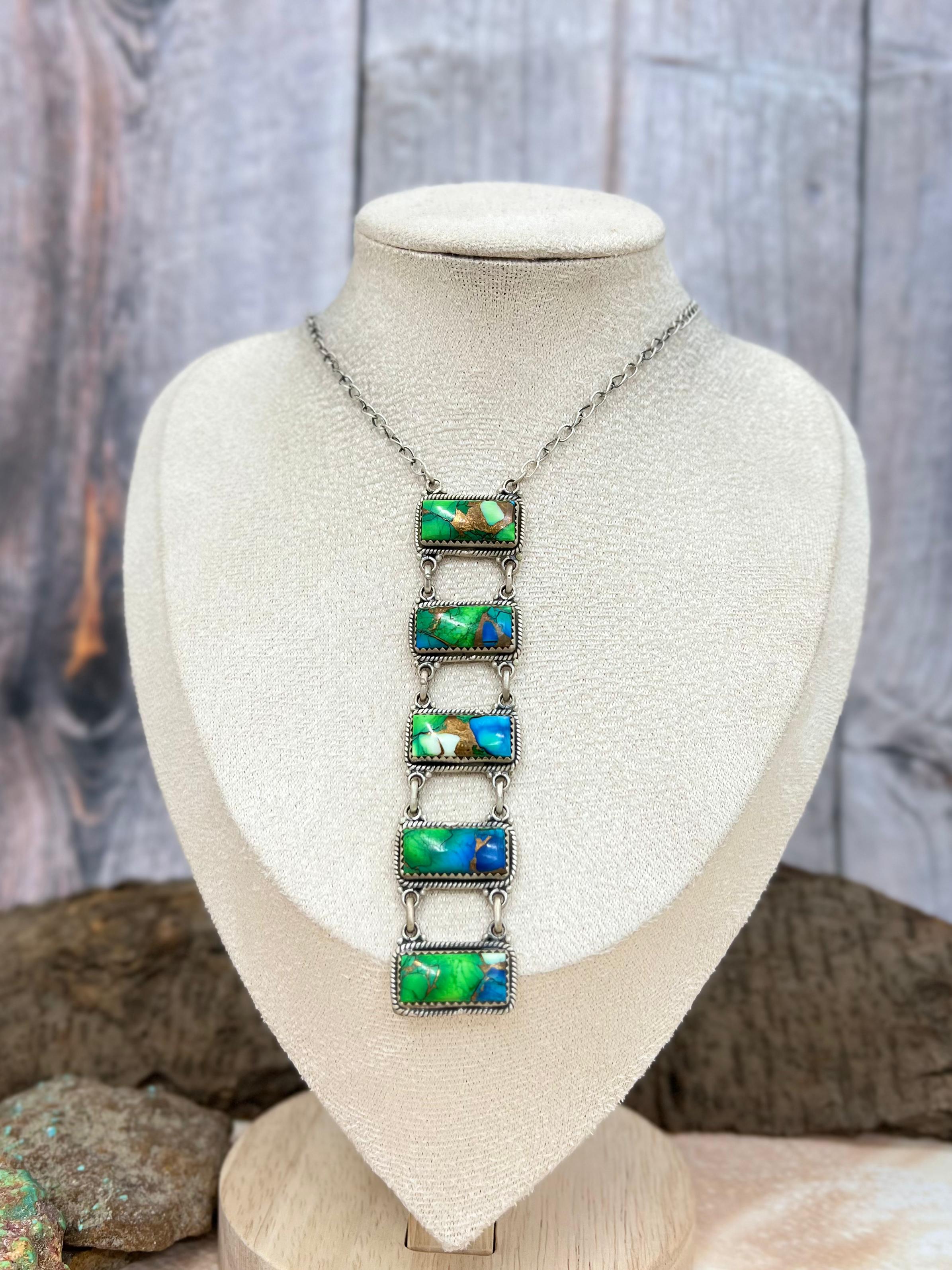 Handmade Sterling Silver Peacock Dahlia Stairs Style Necklace with Signed Nizhoni