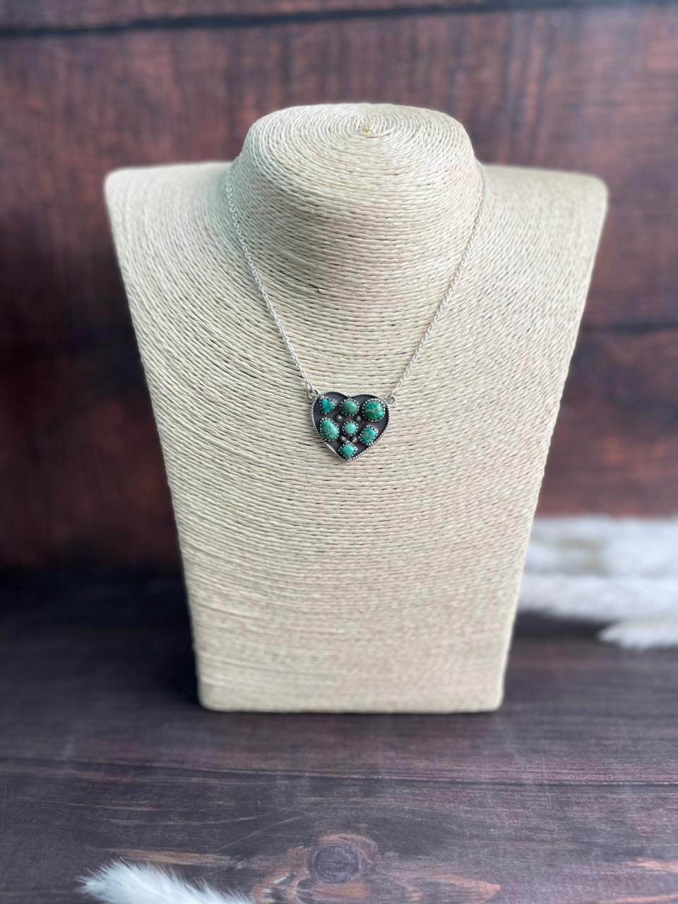 Handmade Sterling Silver Emerald Valley Turquoise Heart Necklace "Signed Nizhoni"