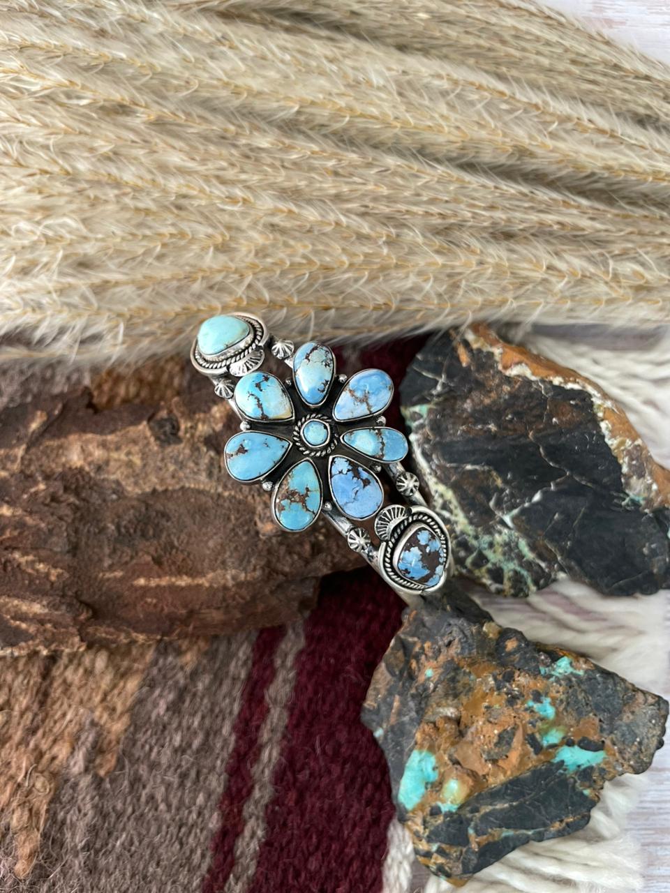 Handmade Sterling Silver Golden Hills Turquoise Cuff Bracelet "Signed Nizhoni"