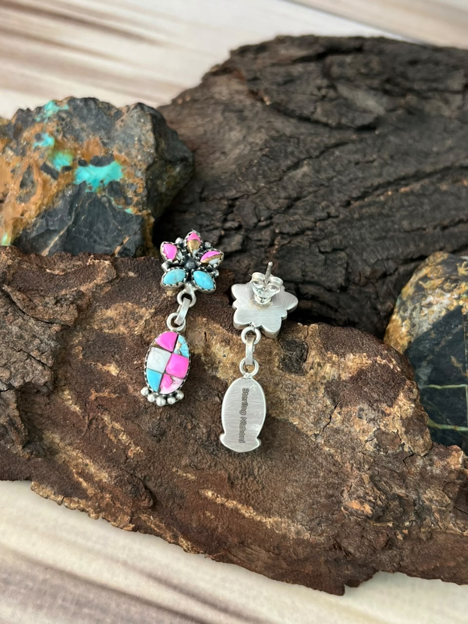 Handmade Sterling Silver Cotton Candy Cobble Stone Post Dangle Earrings Signed Nizhoni