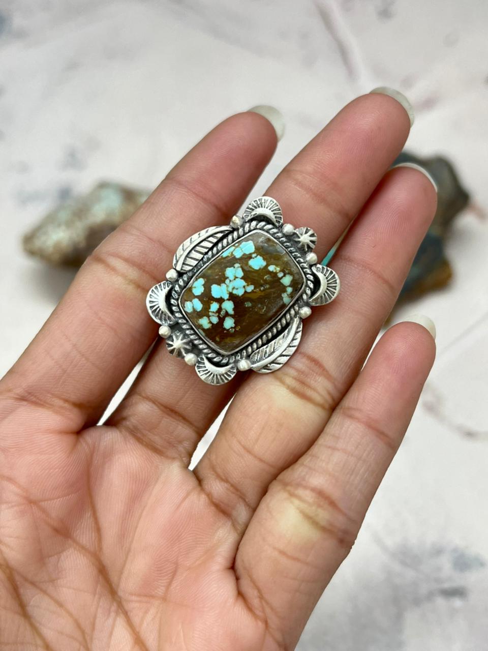 Handmade Sterling Silver Number 8 Turquoise Adjustable Ring "Signed Nizhoni"