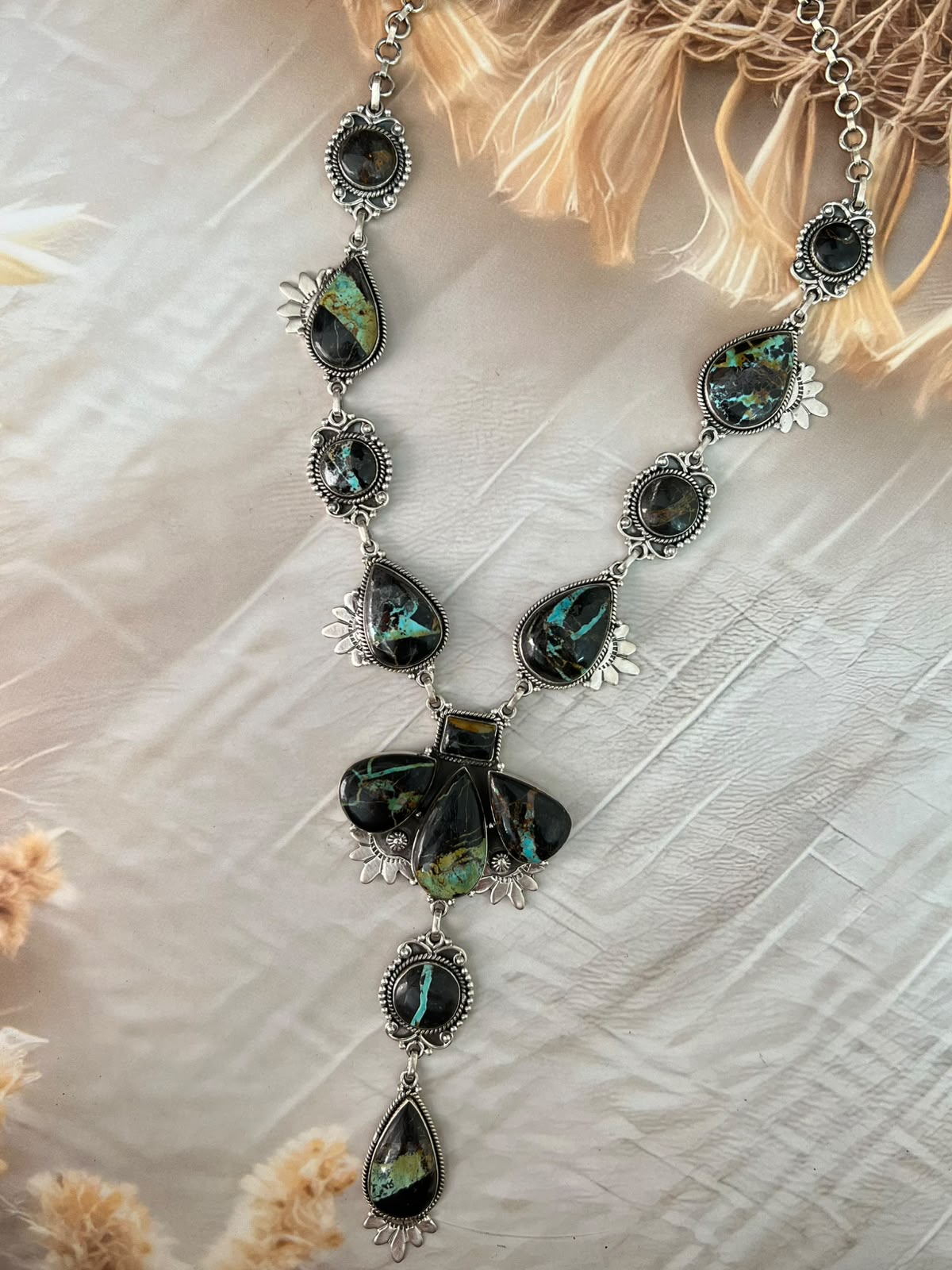 Handmade Sterling Silver Blackjack Turquoise Collection: Drop Necklace Signed Nizhoni