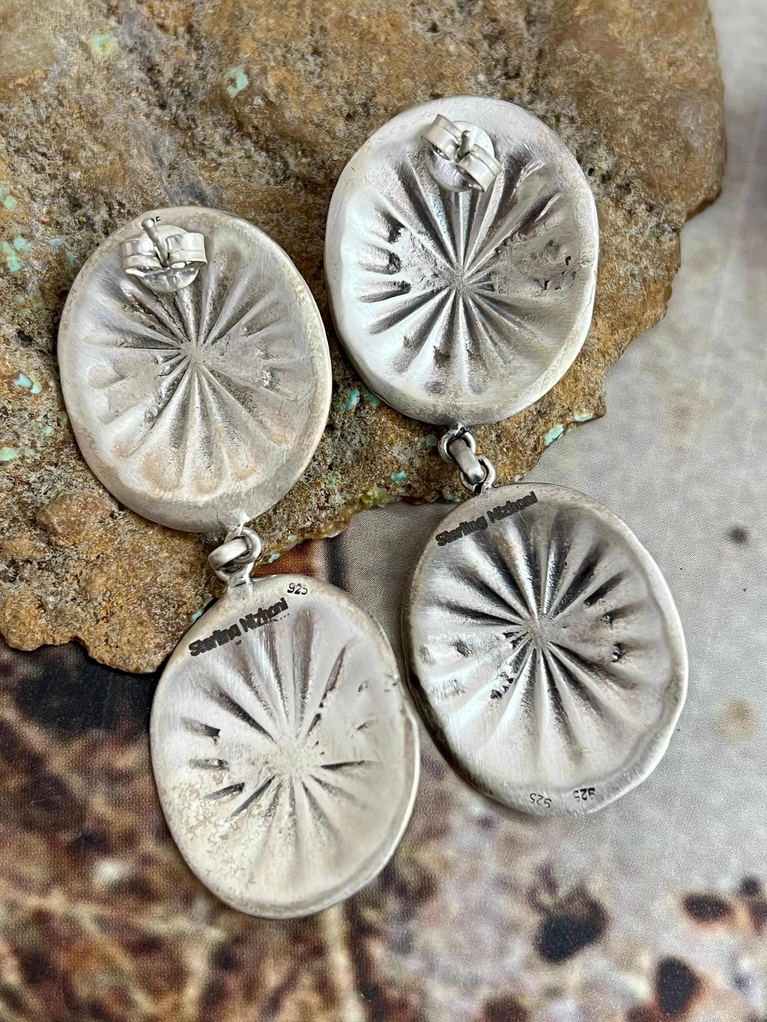 Handmade Sterling Silver Kingman Turquoise Post Dangle Earrings with Signed Nizhoni