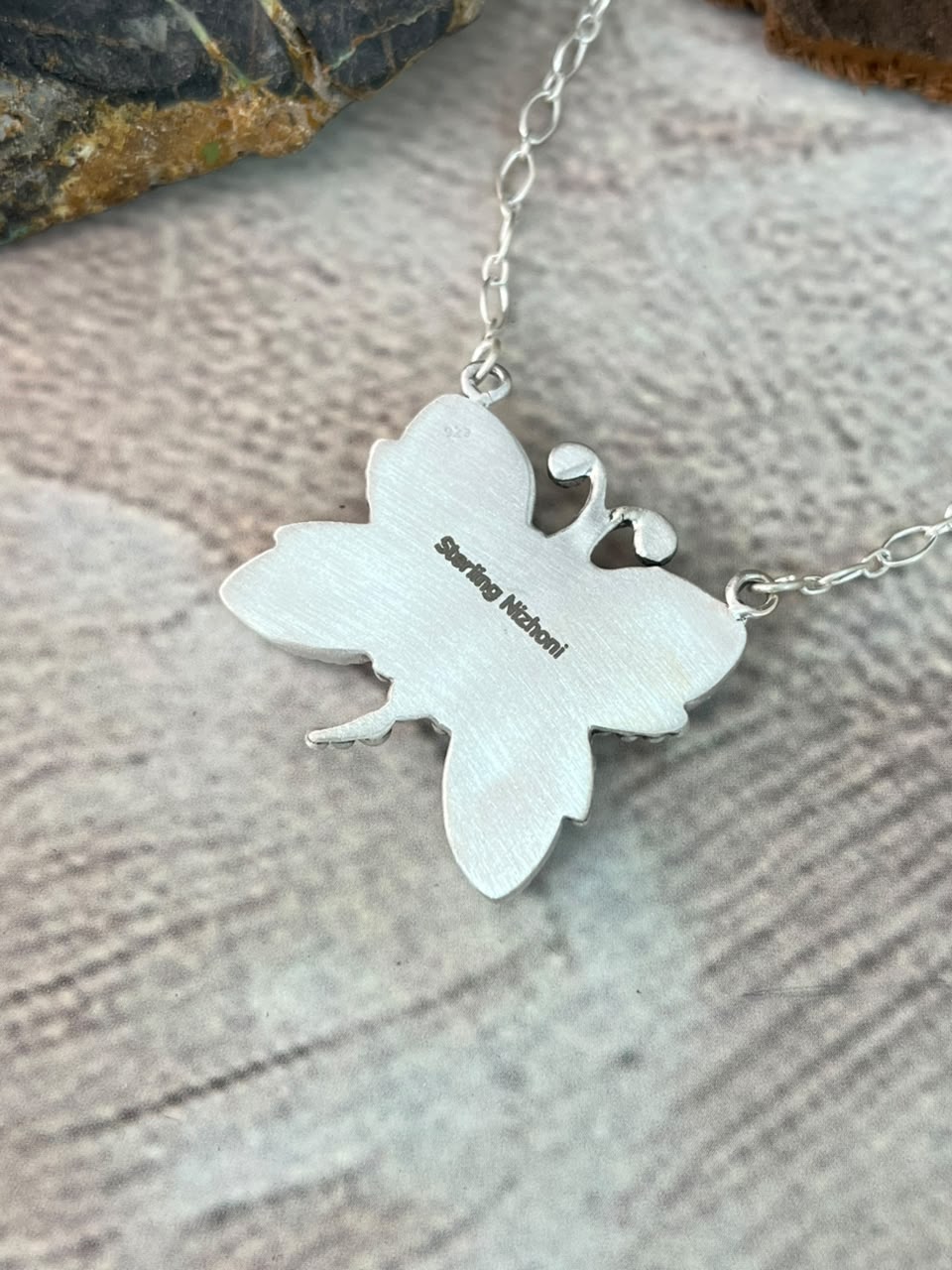 Handmade Sterling Silver Cotton Candy Cobble Stone Butterfly Necklace Signed Nizhoni