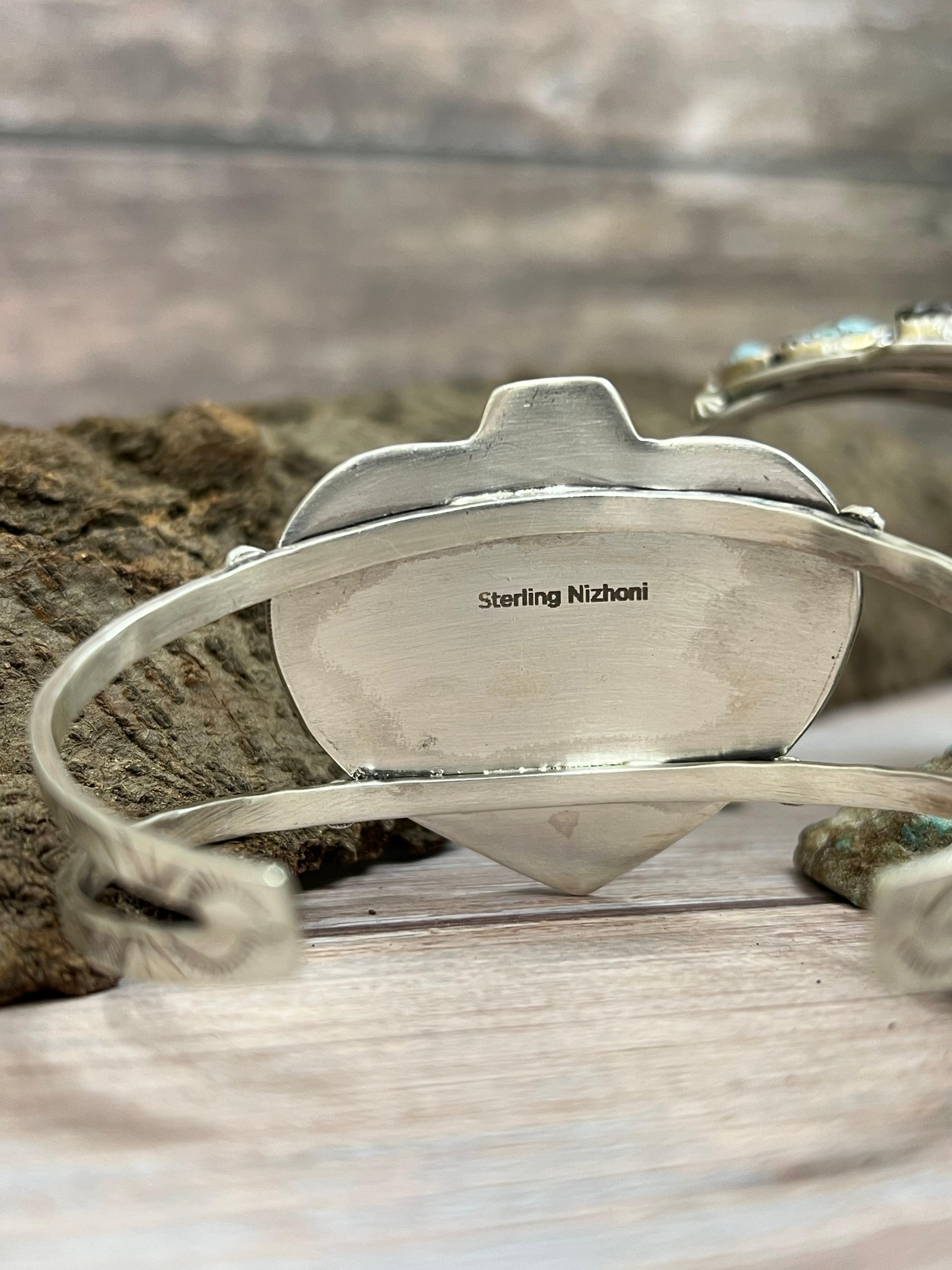 Handmade Sterling Silver Golden Hill, Sonoran Mountain Turquoise Spade Bracelet with Signed Nizhoni /