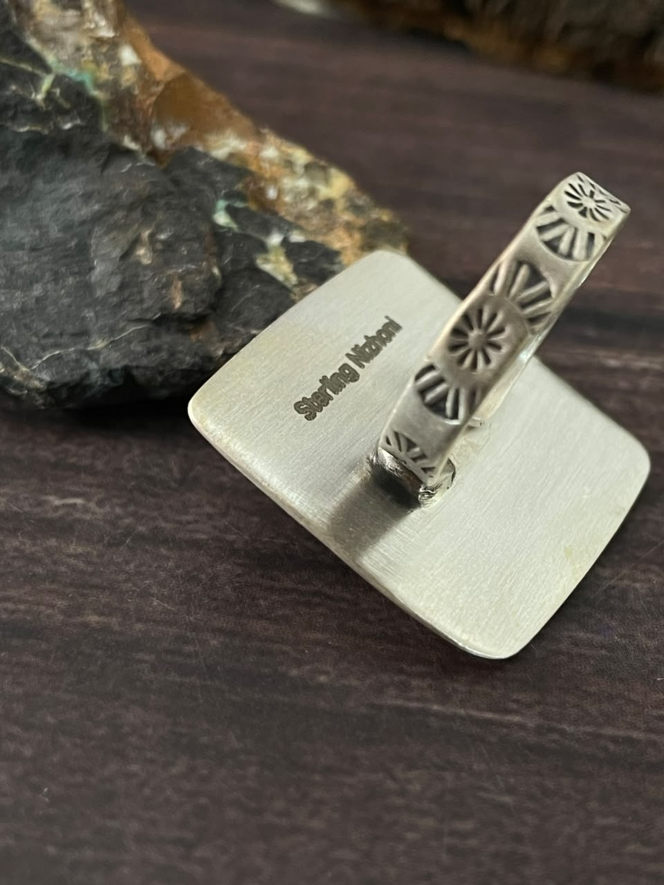 Handmade Sterling Silver Blackjack Turquoise Adjustable Ring Signed Nizhoni