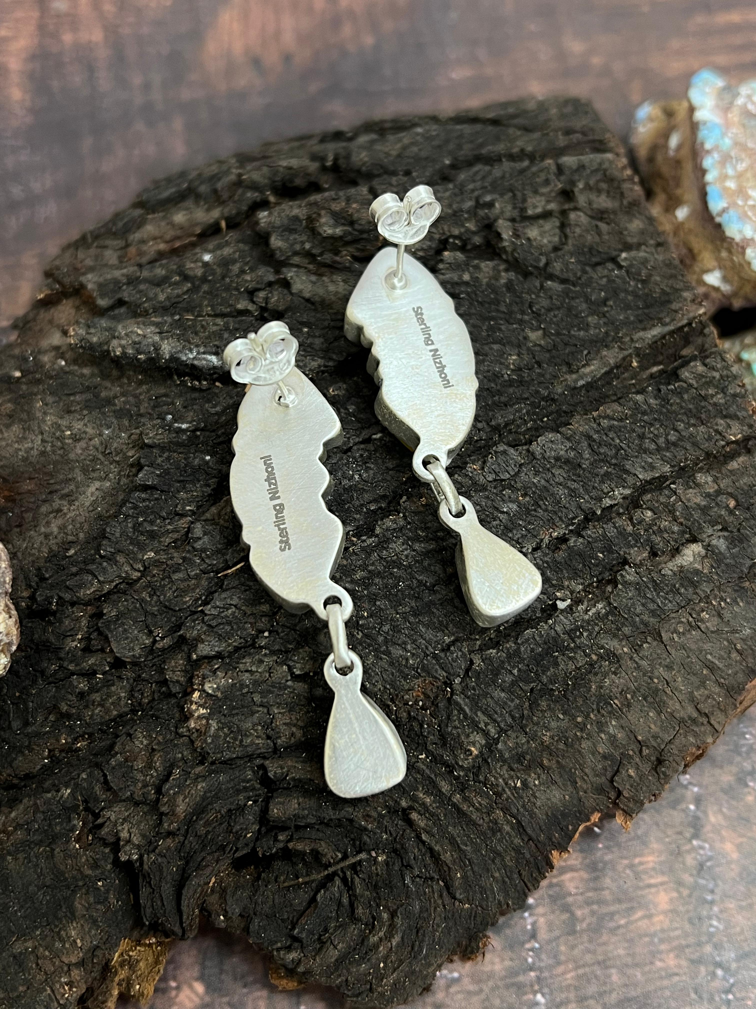 Handmade Sterling Silver Honey Dahlia Post Dangle Earrings with Signed Nizhoni