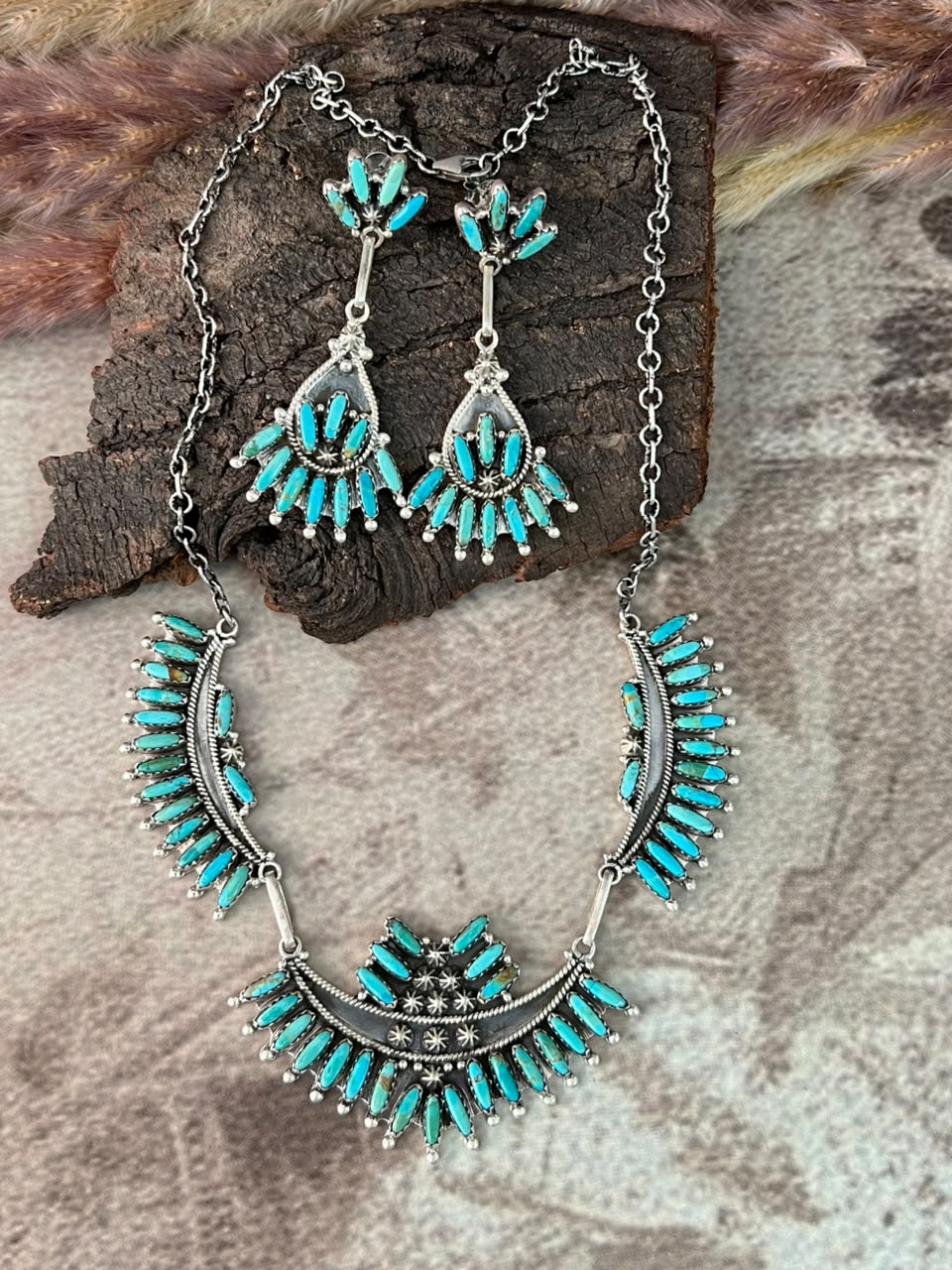 Handmade Sterling Silver Kingman Turquoise Necklace and Earrings Set Signed Nizhoni