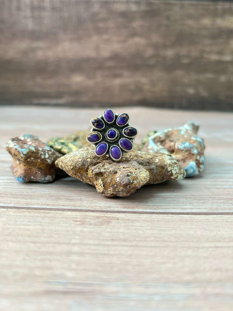 Handmade Sterling Silver Grape Dahlia Adjustable Ring "Signed Nizhoni"