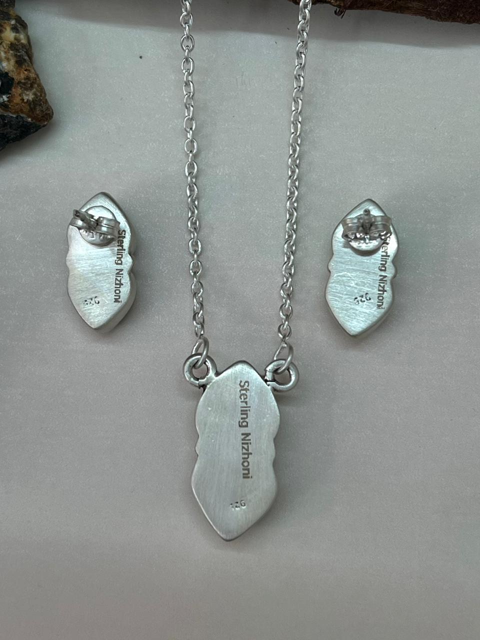 Handmade Sterling Silver Kingman Turquoise Necklace Earrings Set "Signed Nizhoni"