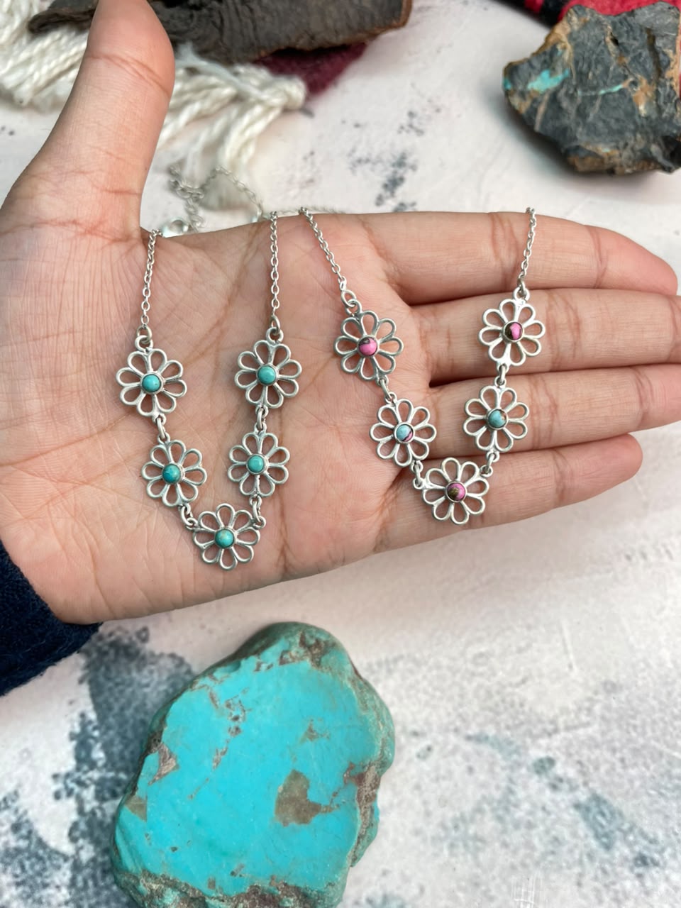 Handmade Sterling Silver Cotton Candy and Kingman Turquoise Flower Collection: Necklace