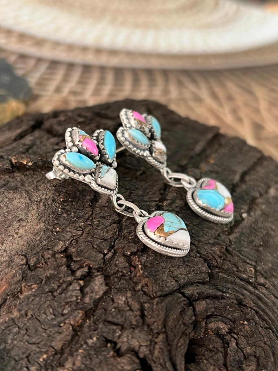 Handmade Sterling Silver Cotton Candy Post Heart Dangle Earrings "Signed Nizhoni"
