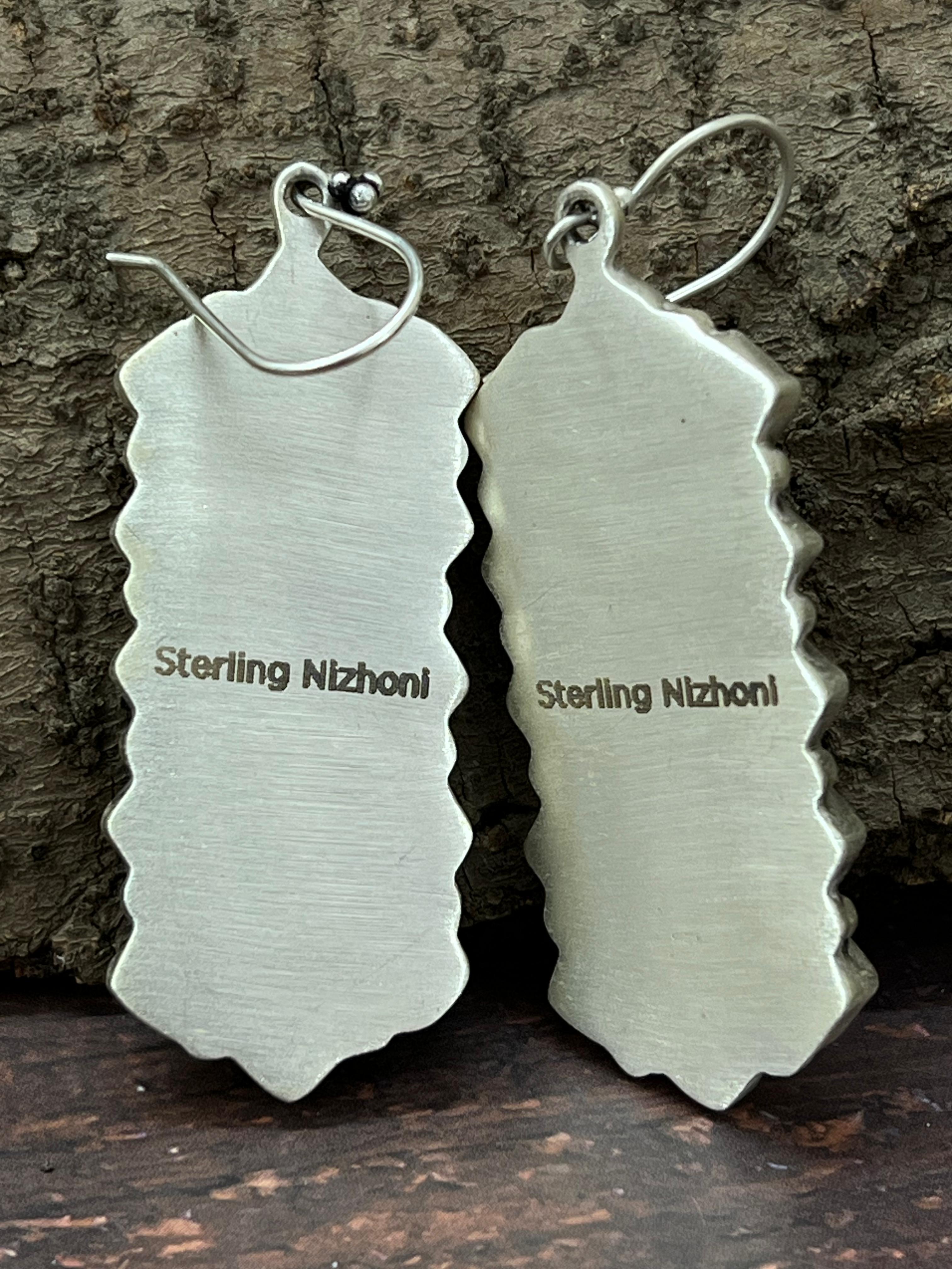 Handmade Sterling Silver White Buffalo Hook Dangle Earrings with Signed Nizhoni