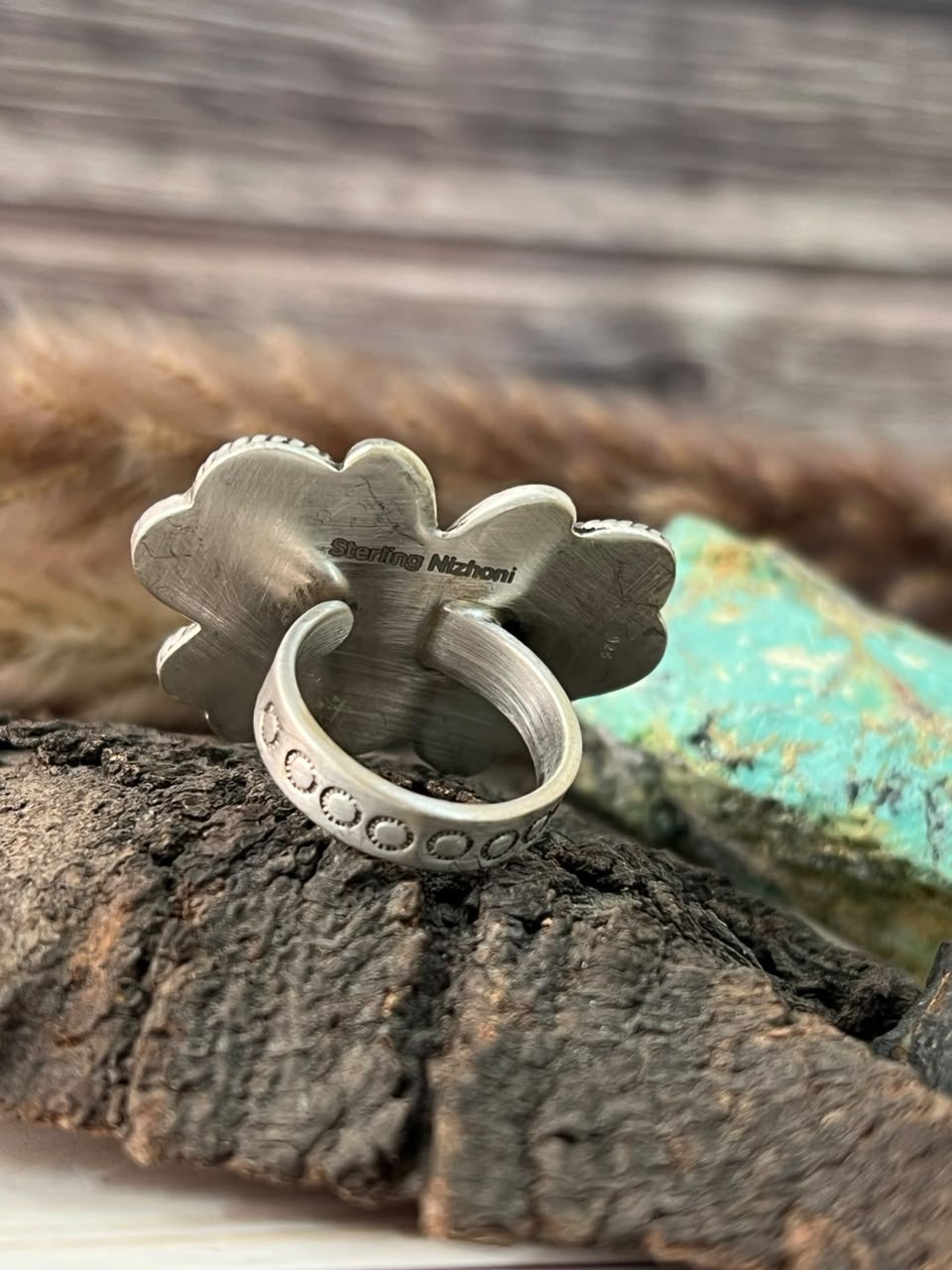 Handmade Sterling Silver Kingman Turquoise and White Buffalo Butterfly Adjustable Ring Signed Nizhoni