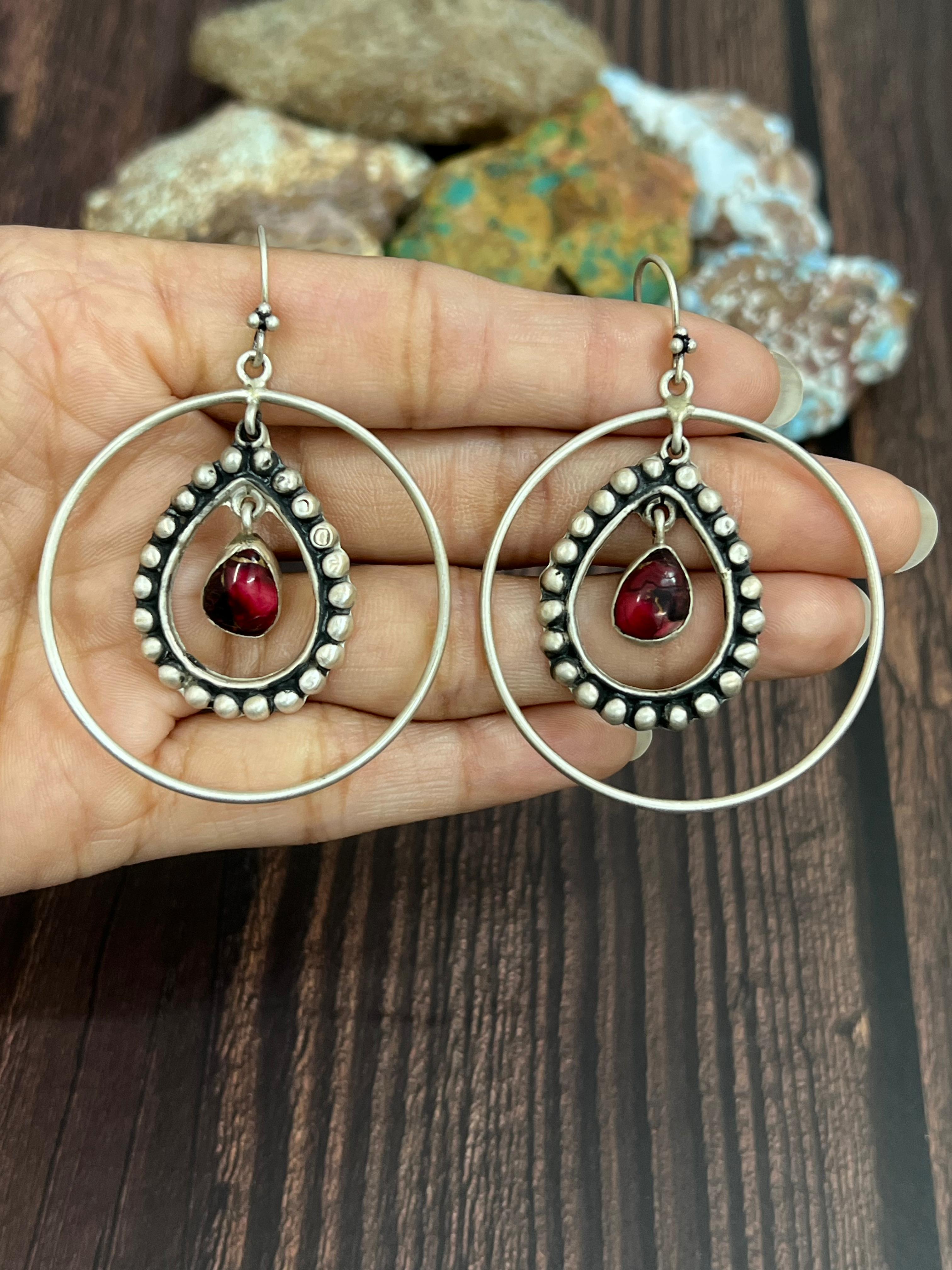 Handmade Sterling Silver Dahlia Rose Hoop Earrings with Signed Nizhoni