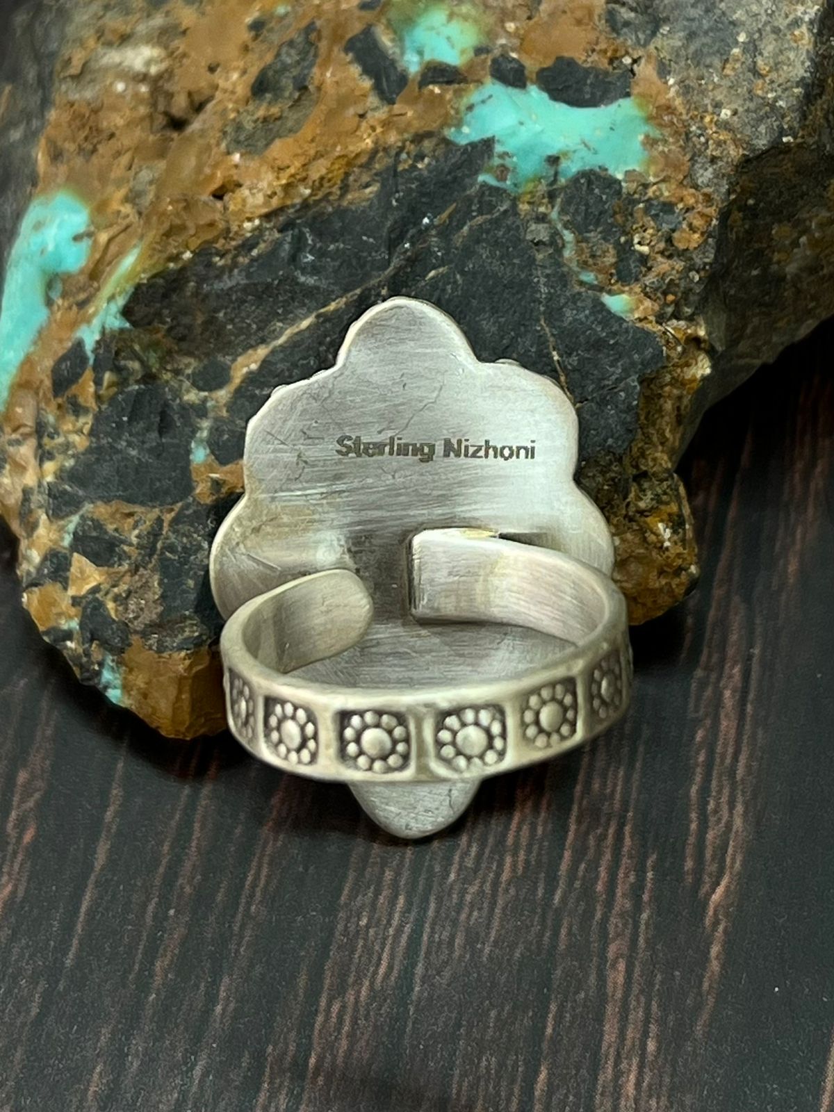 Handmade Sterling Silver Royston Ribbon Turquoise Adjustable Ring "Singed Nizhoni"