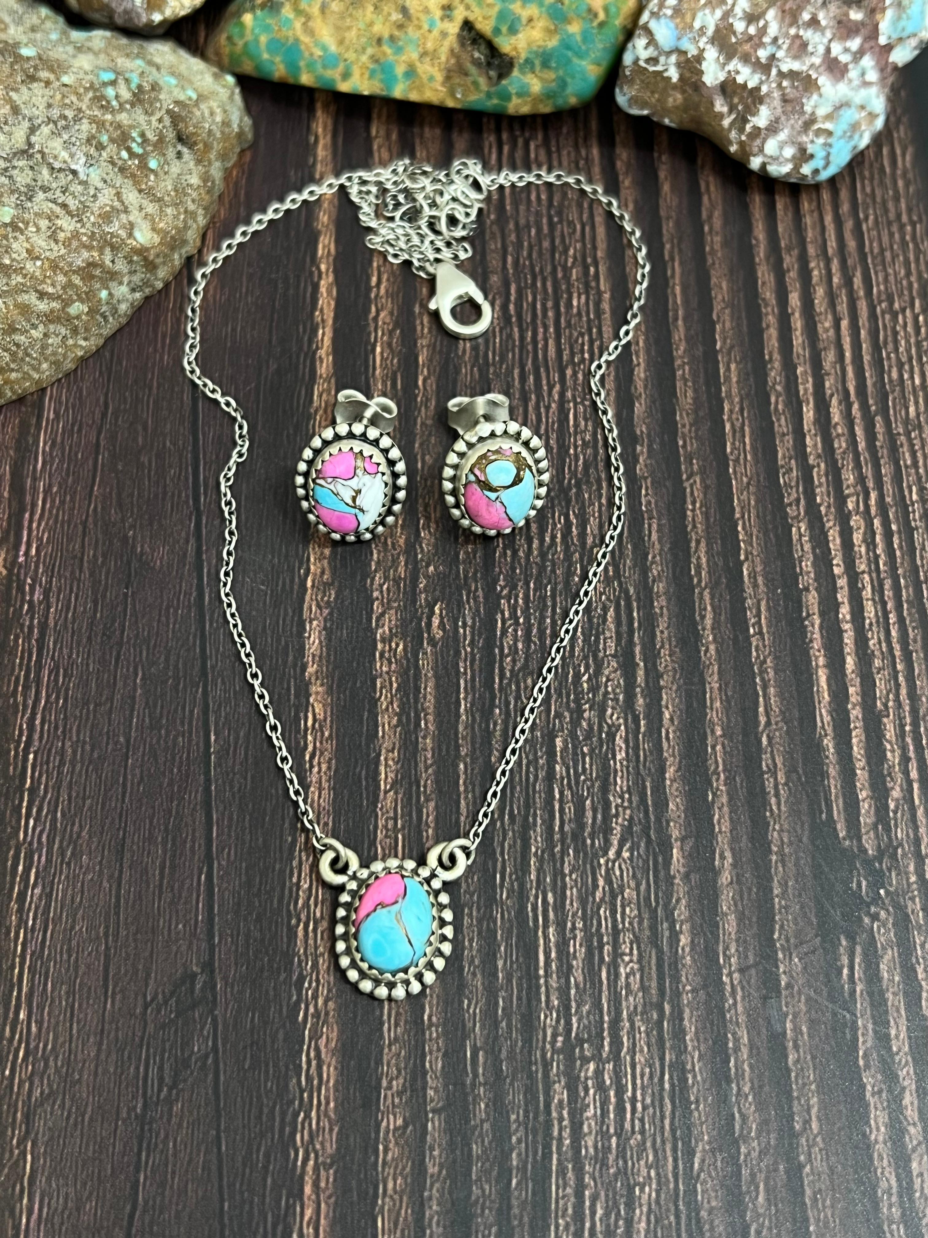 Handmade Sterling Silver Cotton Candy Turquoise Necklace Earrings Set, Signed Nizhoni (6)