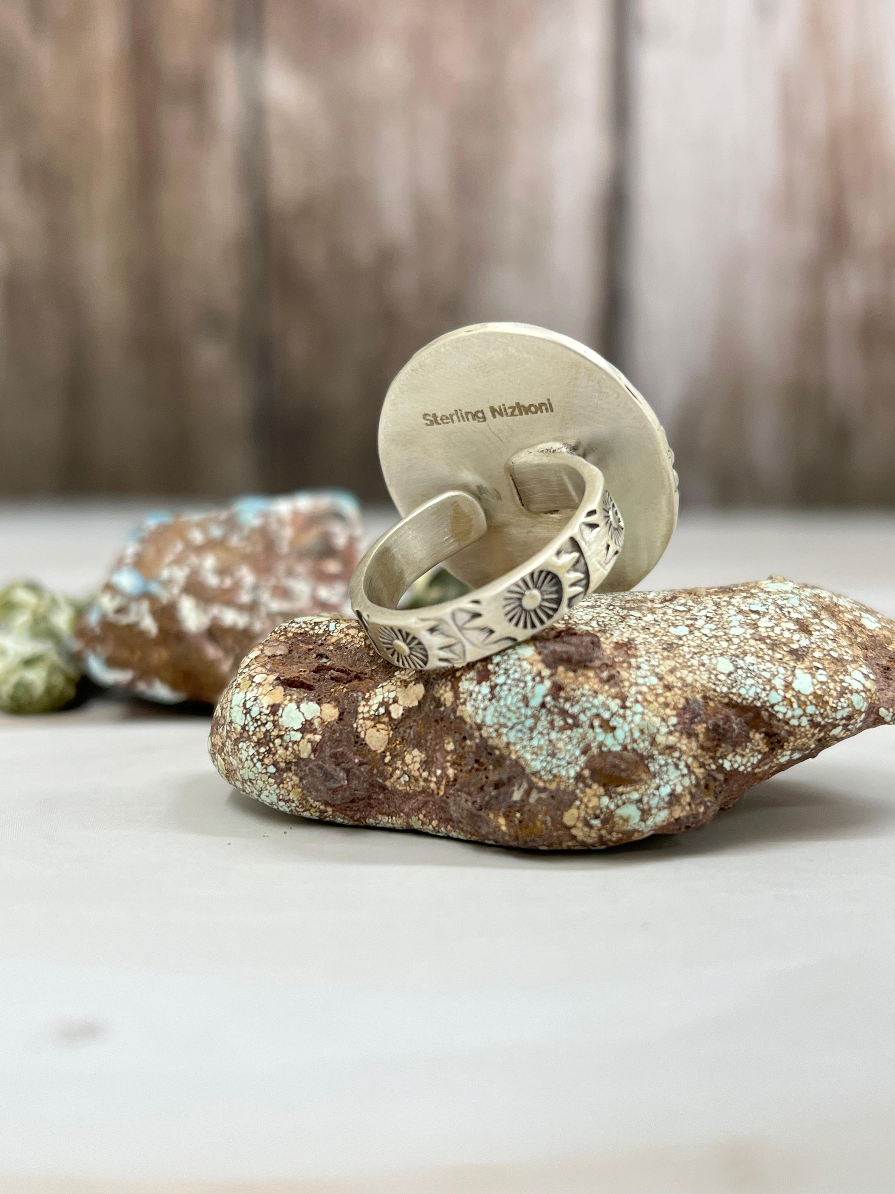 Handmade Sterling Silver White Buffalo Turquoise Adjustable Ring with Signed Nizhoni (8)
