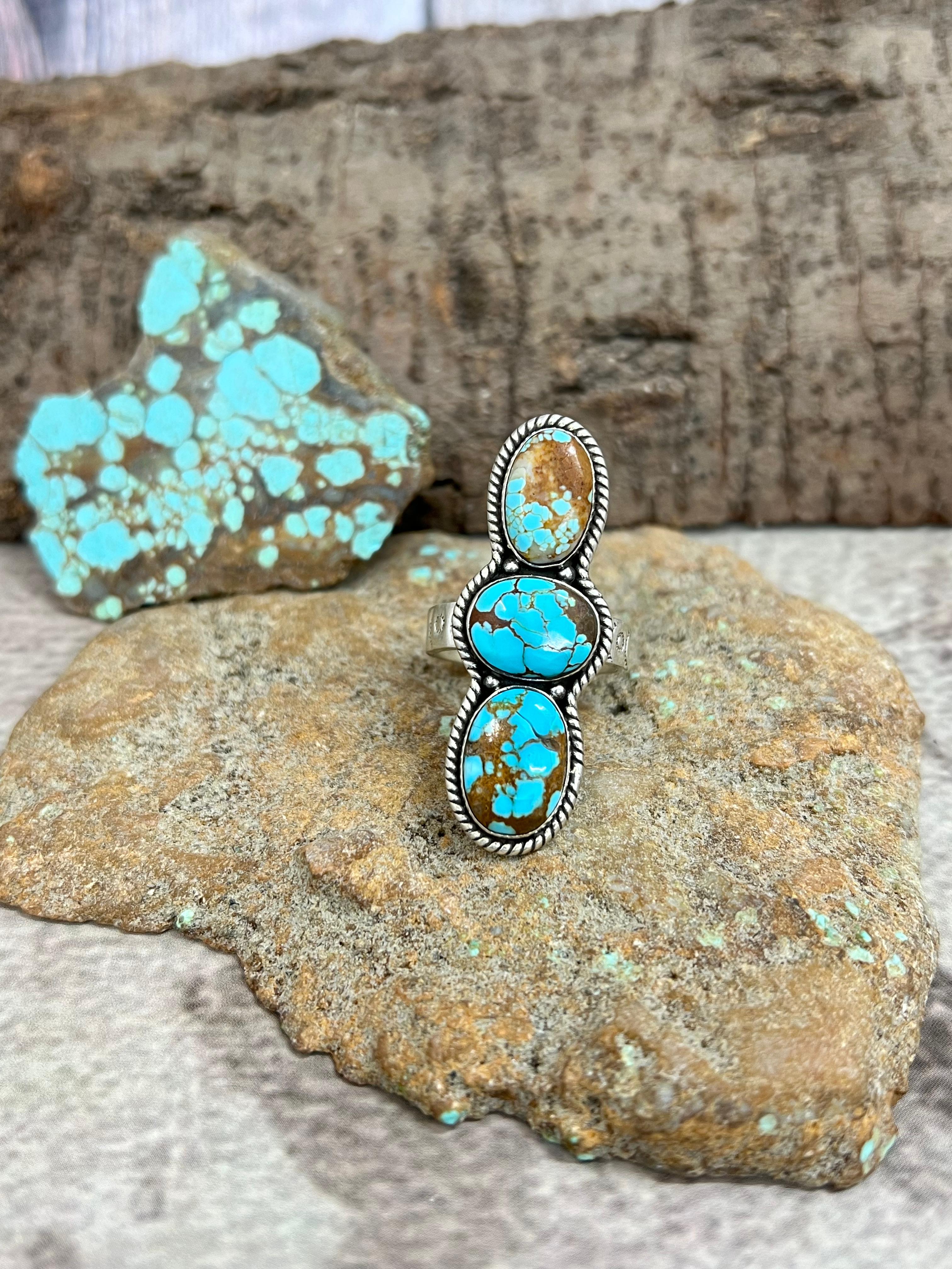 Handmade Sterling Silver Number 8 Turquoise Adjustable Ring with Signed Nizhoni