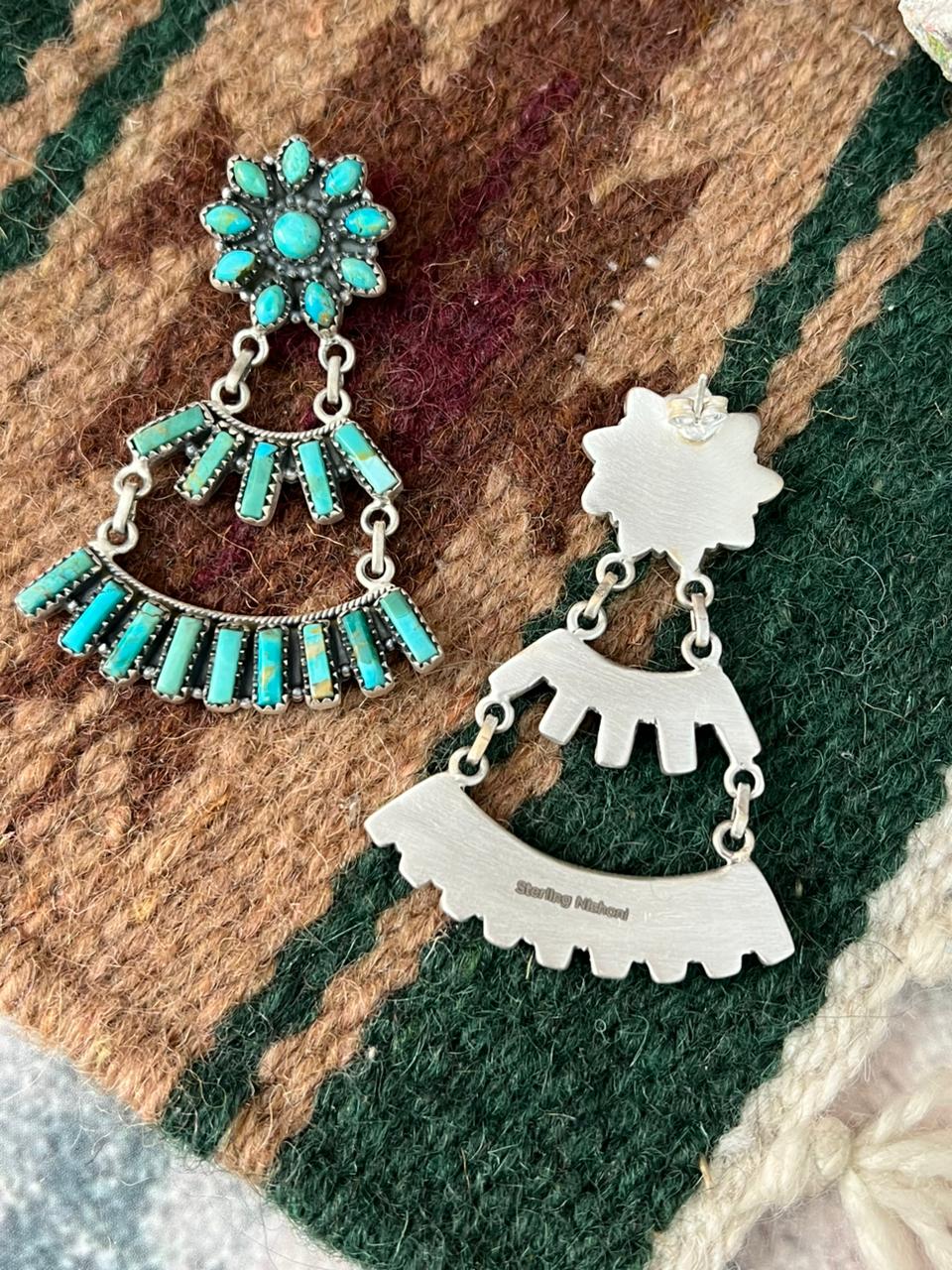 Handmade Sterling Silver Kingman Turquoise Post Dangle Earrings Signed Nizhoni