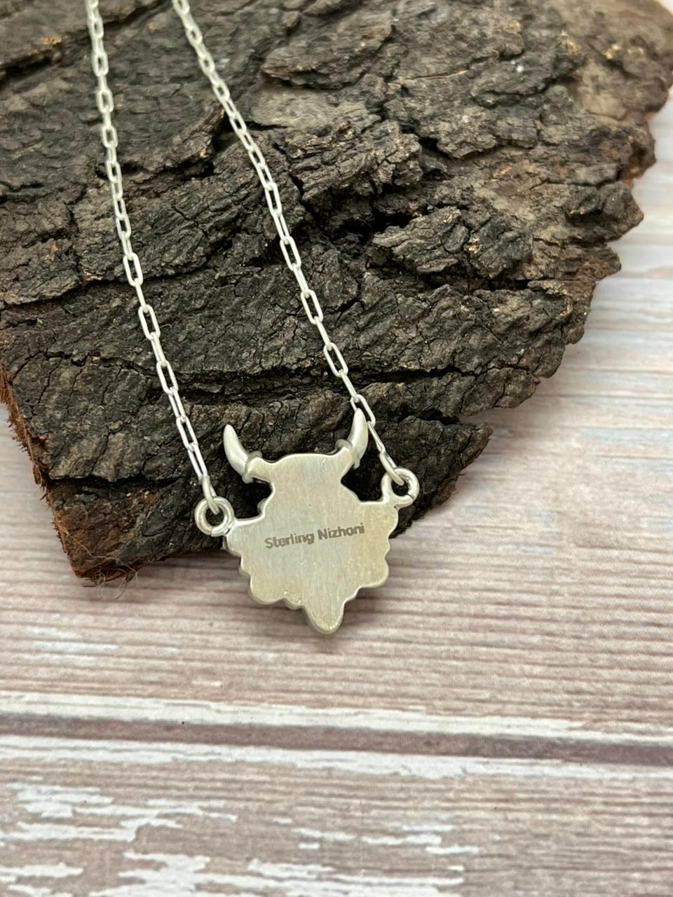 Handmade Sterling Silver White Buffalo Bull Necklace "Signed Nizhoni"