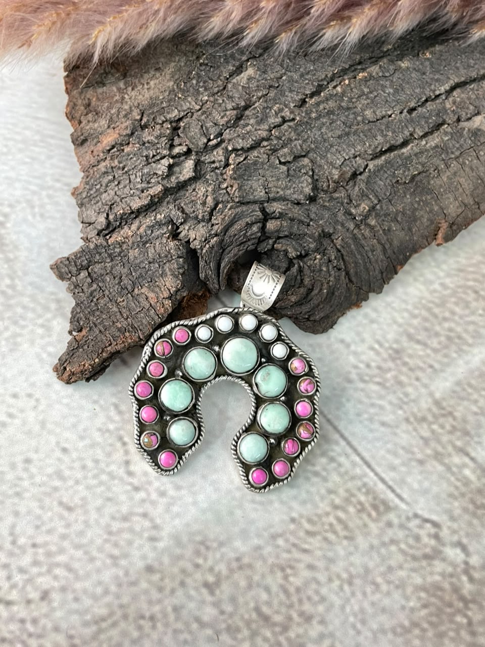 Handmade Sterling Silver Cotton Candy with Paloma Turquoise Naja Pendant Signed Nizhoni (9)