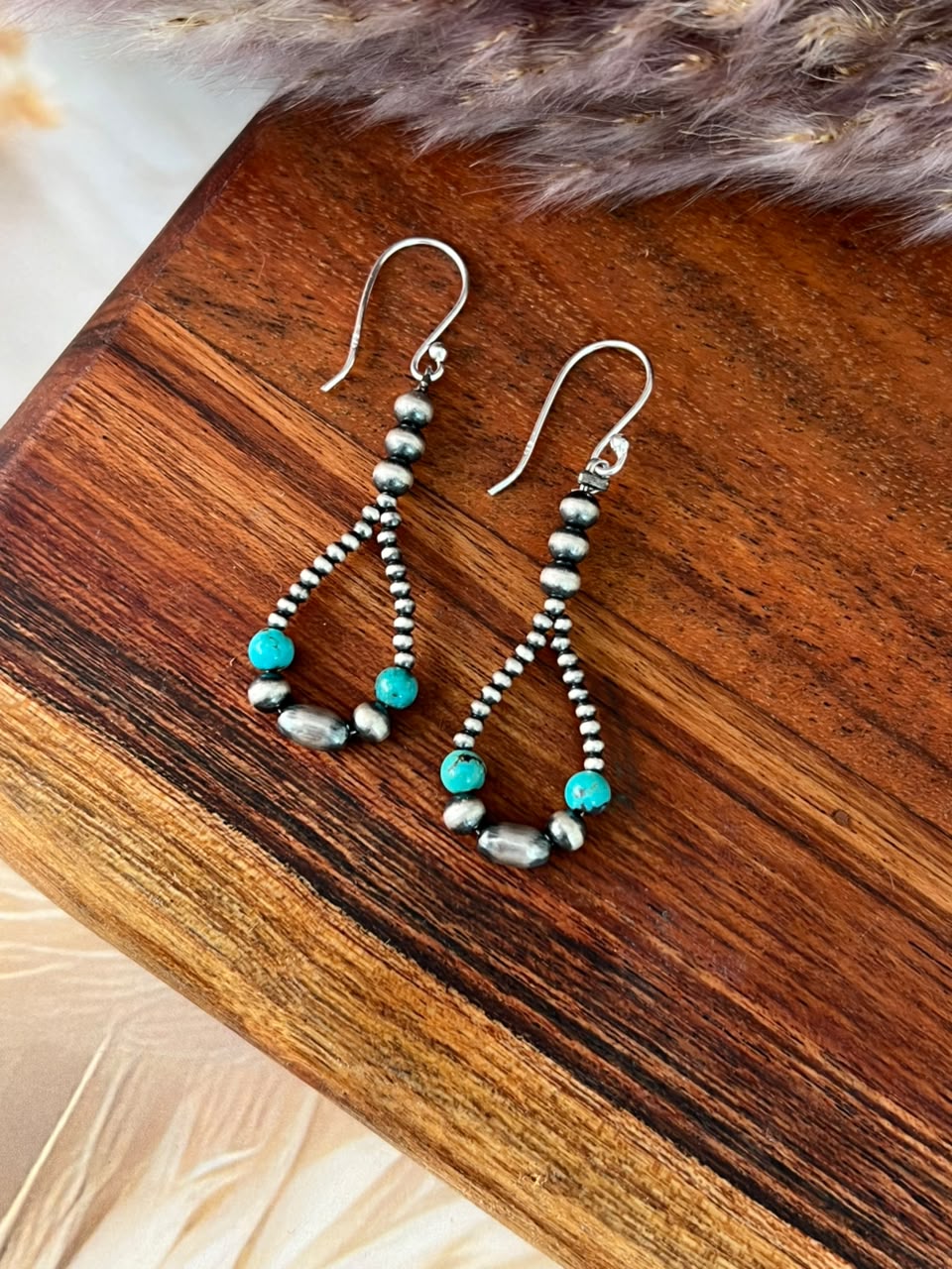 Handmade Sterling Silver Kingman Turquoise Beaded Hook Dangle Earrings