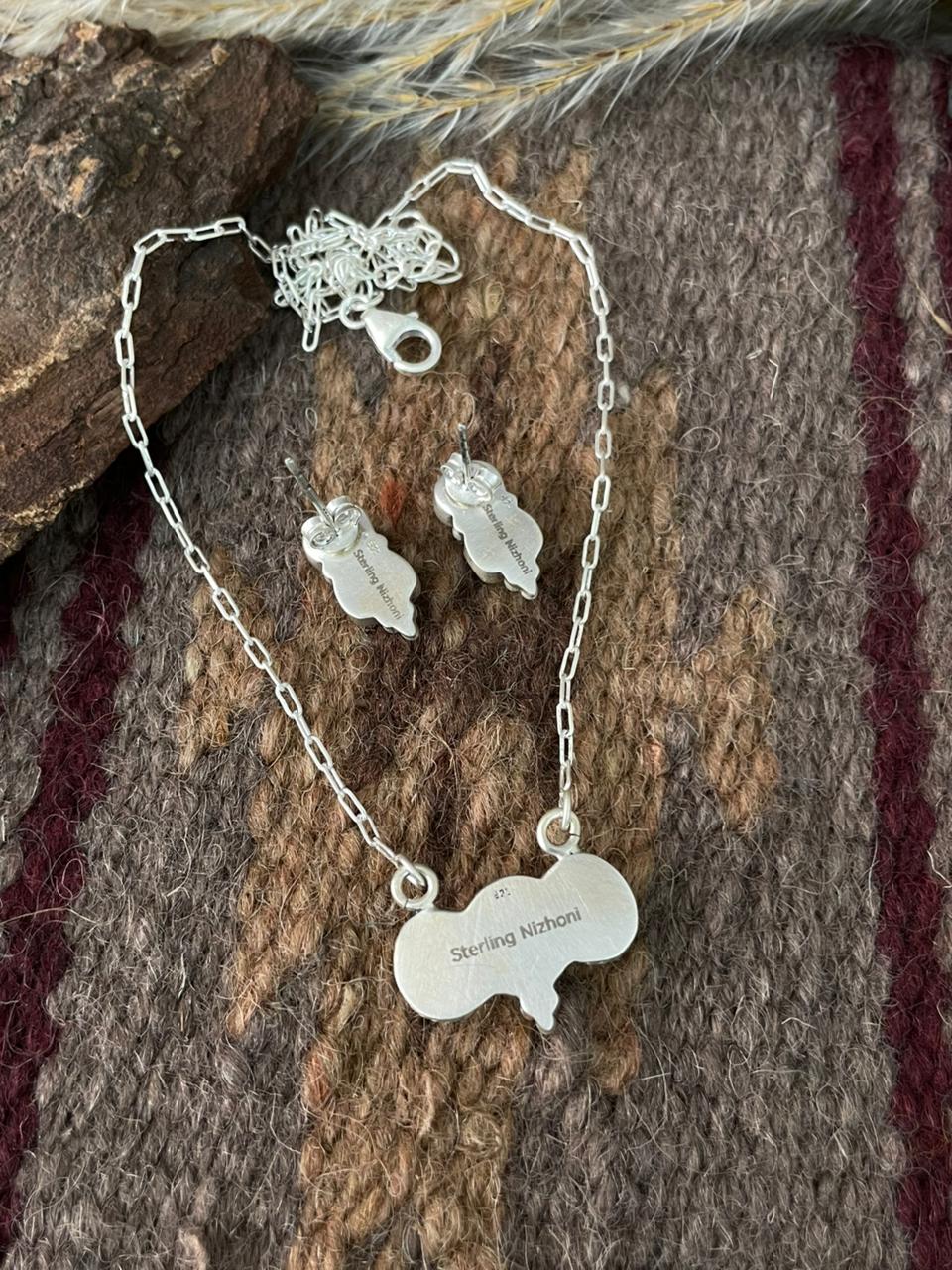 Handmade Sterling Silver Orange Mojave with Kingman Necklace Earrings Set "Signed Nizhoni"