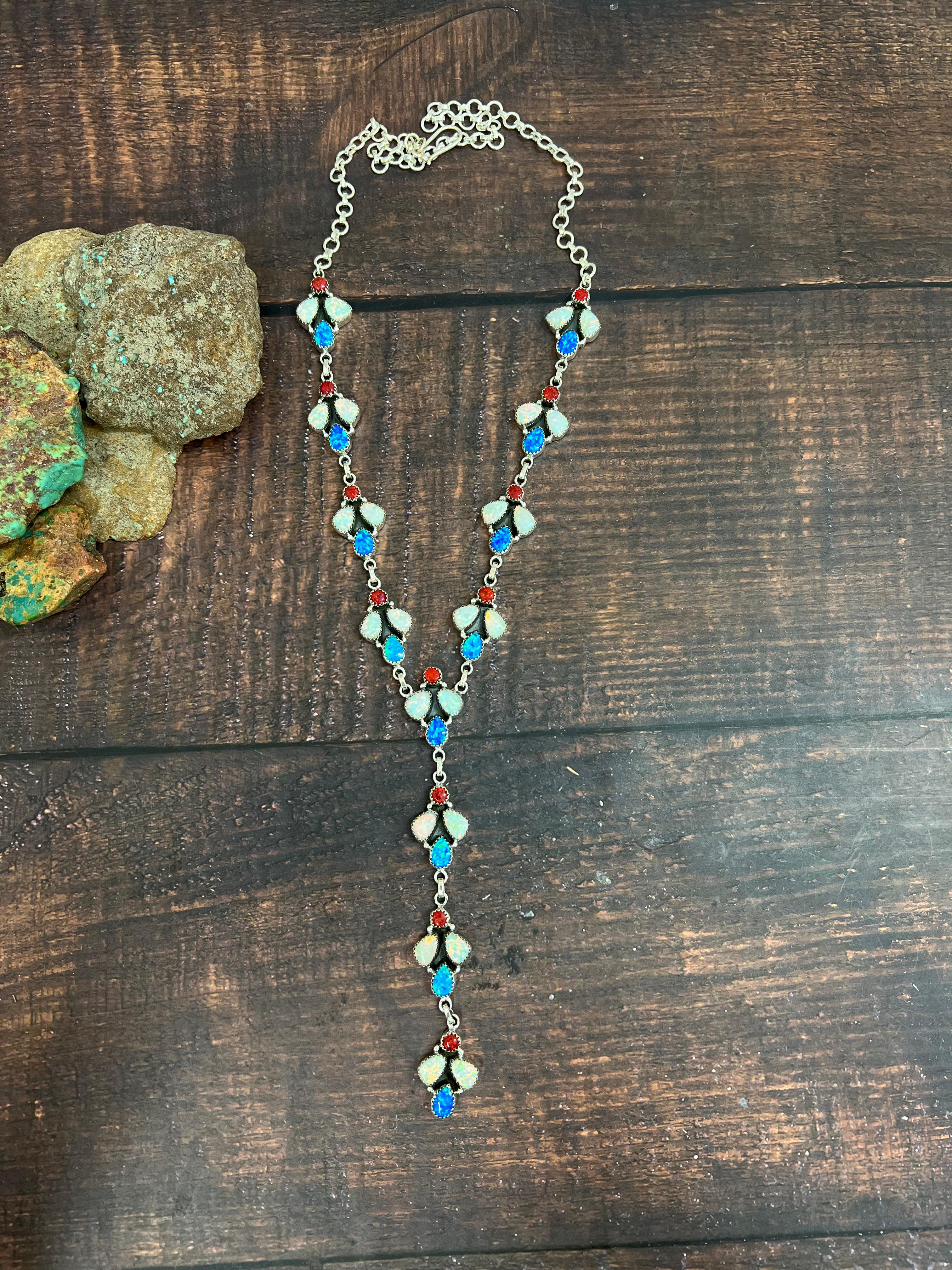 ** 4TH OF JULY ** Handmade Sterling Silver Synthetic Opal Necklace with Signed Nizhoni