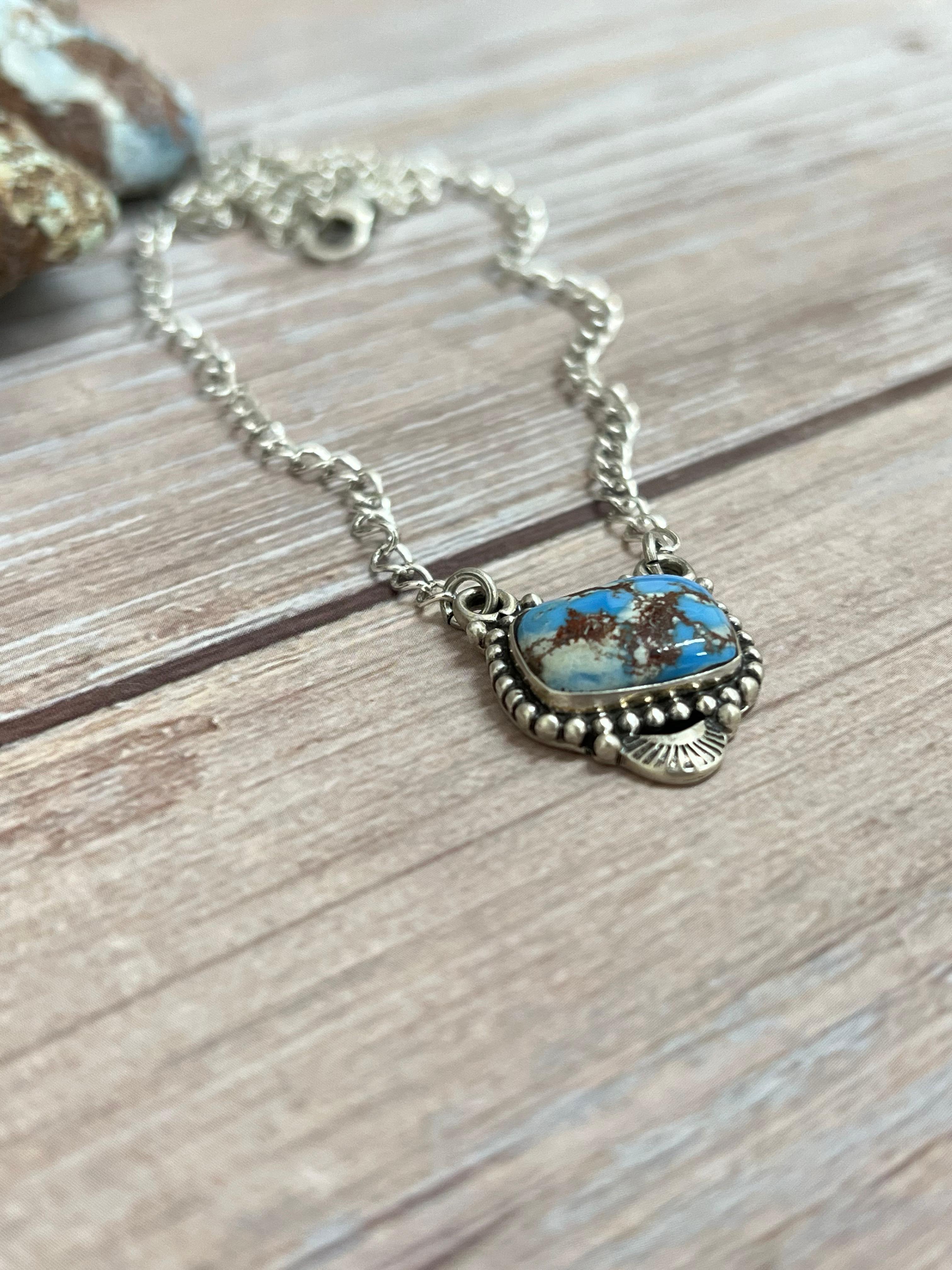 Handmade Sterling Silver Golden Hills Turquoise Necklace with Signed Nizhoni
