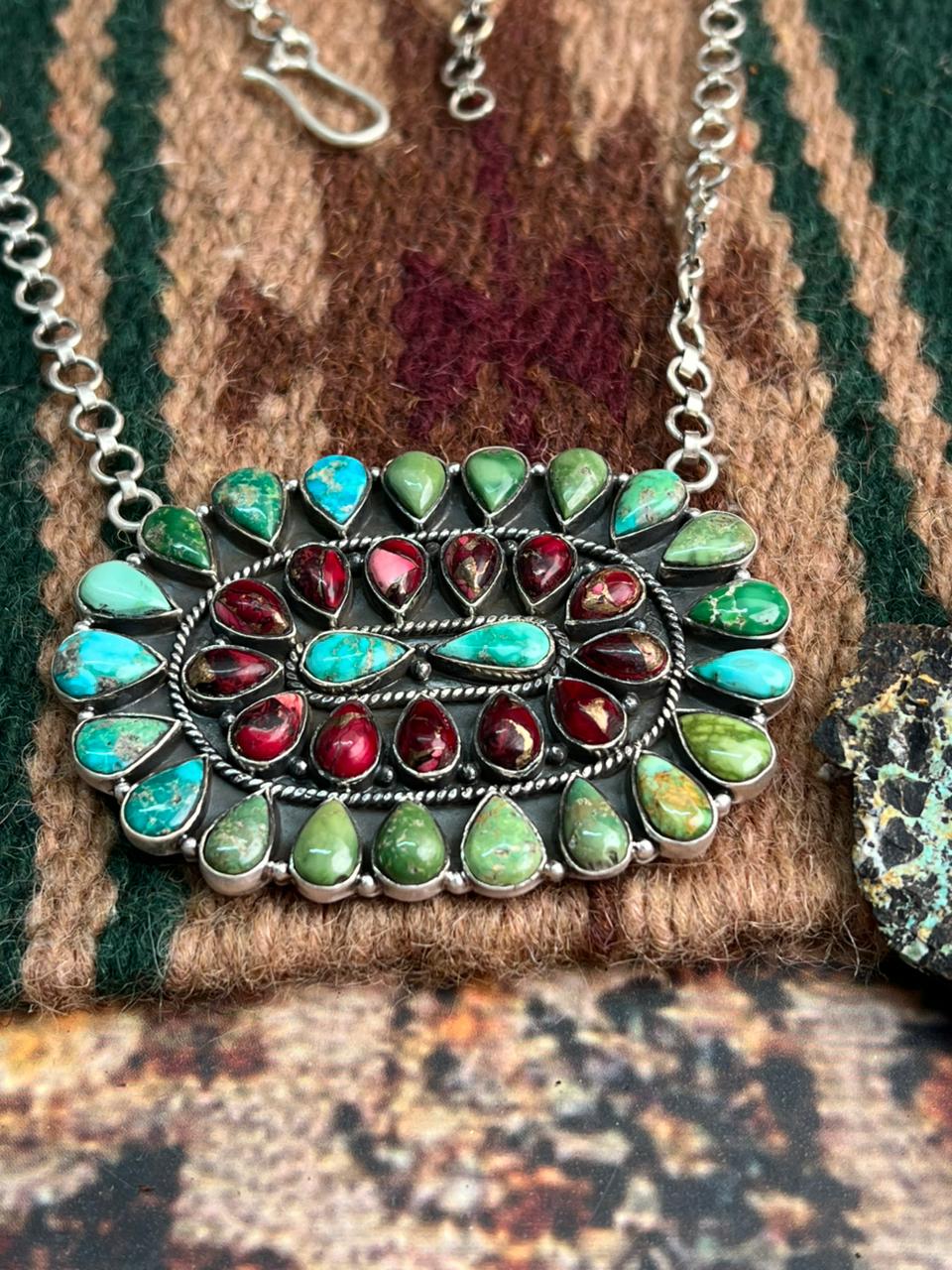 Handmade Sterling Silver Dahlia Rose with Emerald Valley Turquoise Necklace "Signed Nizhoni"