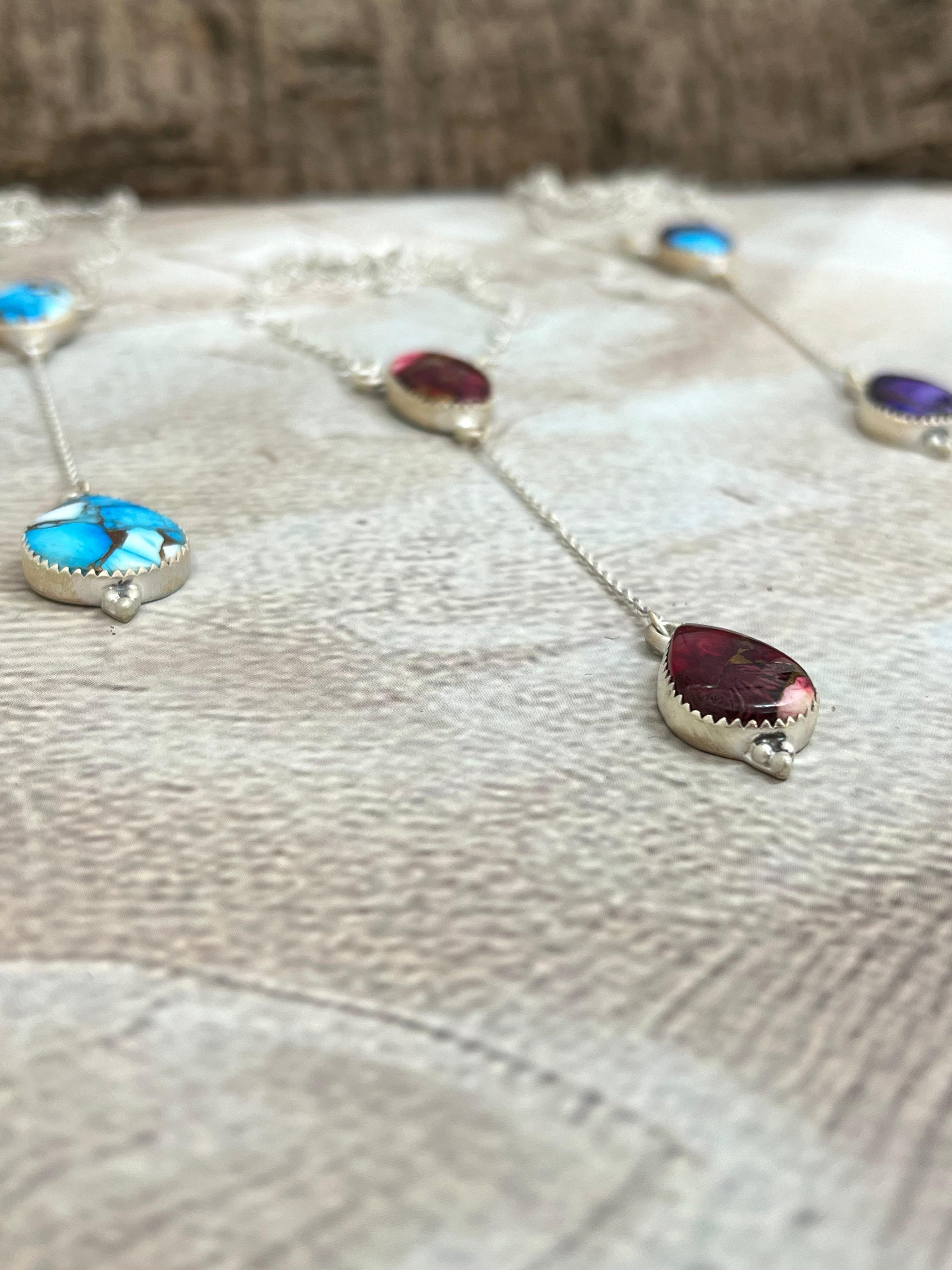 Handmade Sterling Silver Multi Stone Necklace with Signed Nizhoni