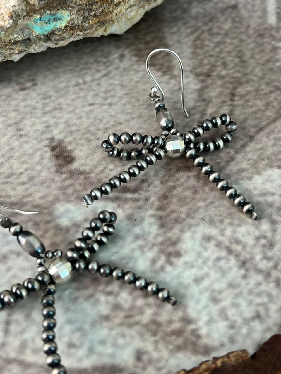 Handmade Sterling Silver Hook Dangle Bow Beaded Earrings