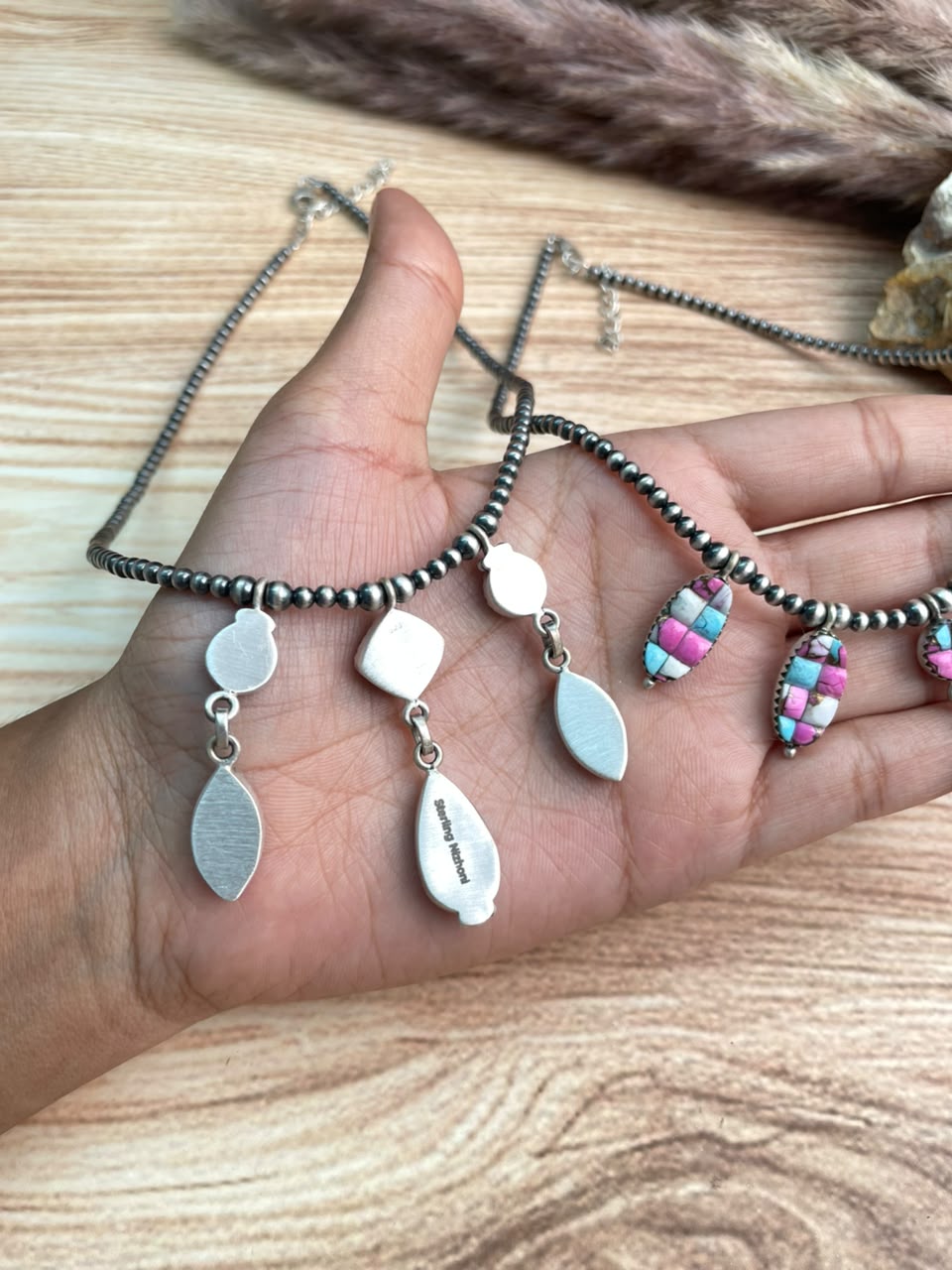 Handmade Sterling Silver Cotton Candy Cobble Stone Beaded Necklace Signed Nizhoni