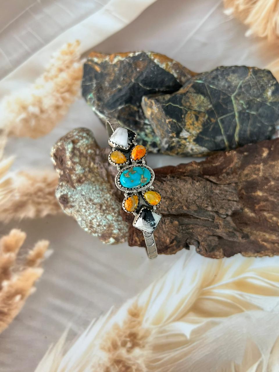 Handmade Sterling Silver Spring Collection: Bumblebee with Sonoran and White Buffalo Bracelet "Signed Nizhoni"