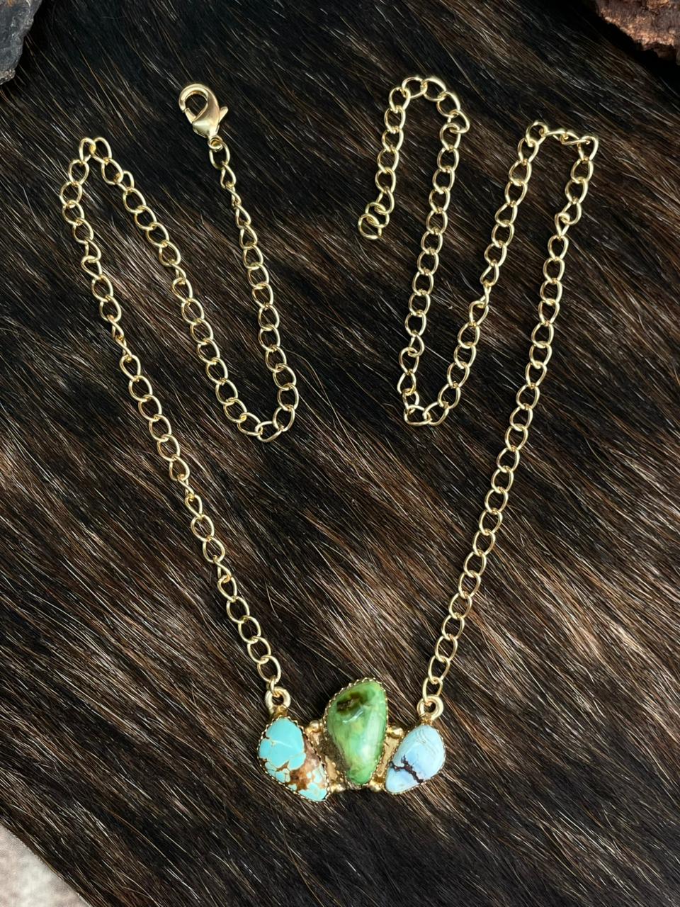“The Golden Collection” Handmade Natural Golden Hills, Sonoran and Number 8 Turquoise Gold Plated Necklace