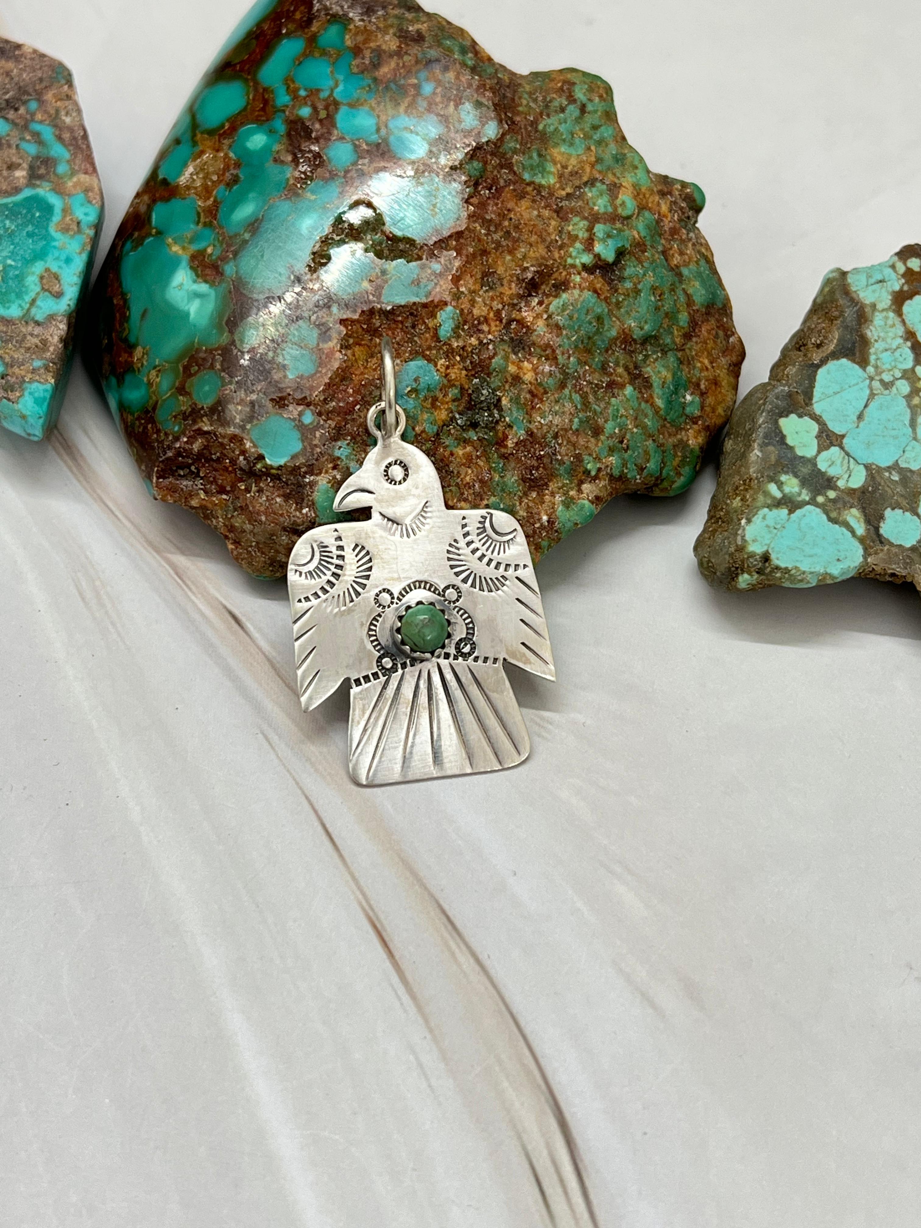 Handmade Sterling Silver Thunder Bird Kingman Turquoise Charms with Signed Nizhoni