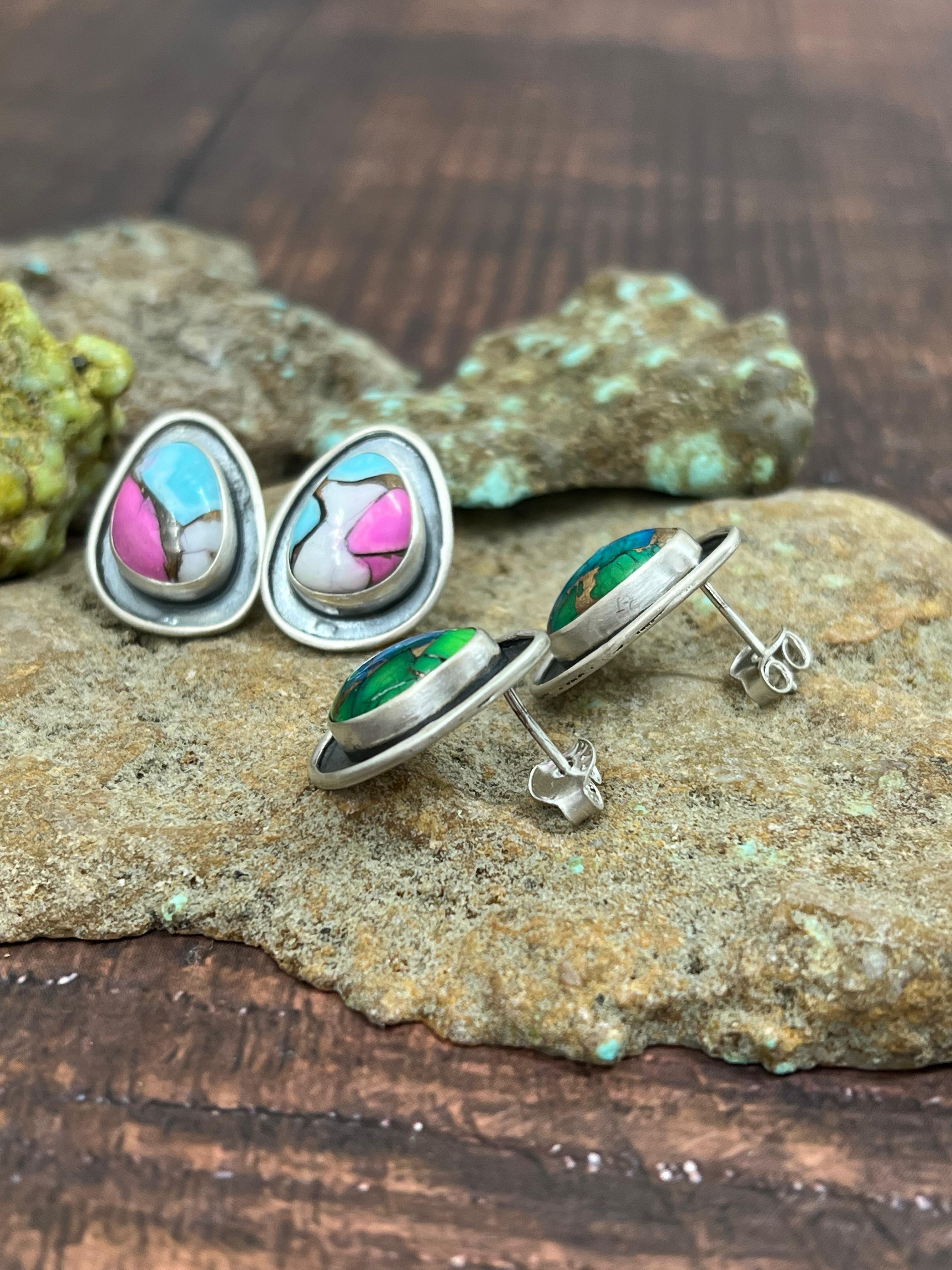 Handmade Sterling Silver Cotton Candy Turquoise, Peacock Dahlia Post Earrings, Signed Nizhoni
