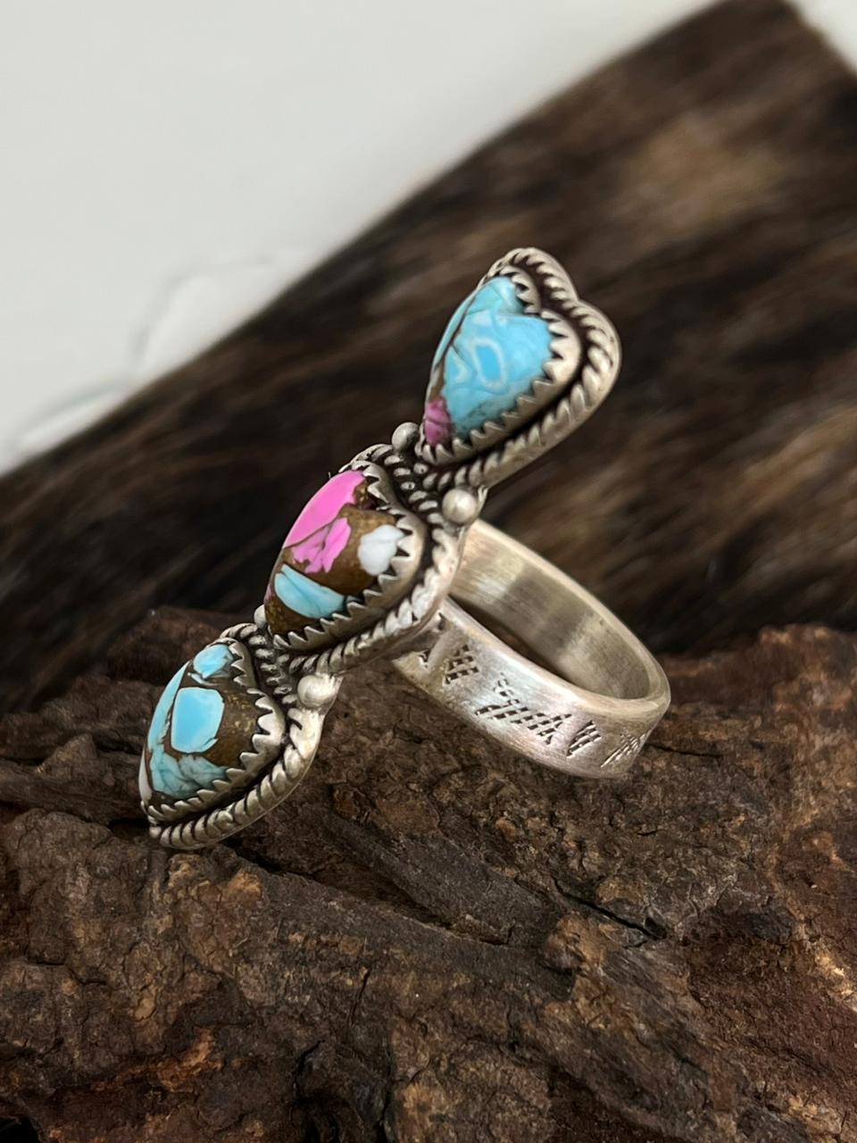 Handmade Sterling Silver Cotton Candy Turquoise Heart Adjustable Ring "Signed Nizhoni"