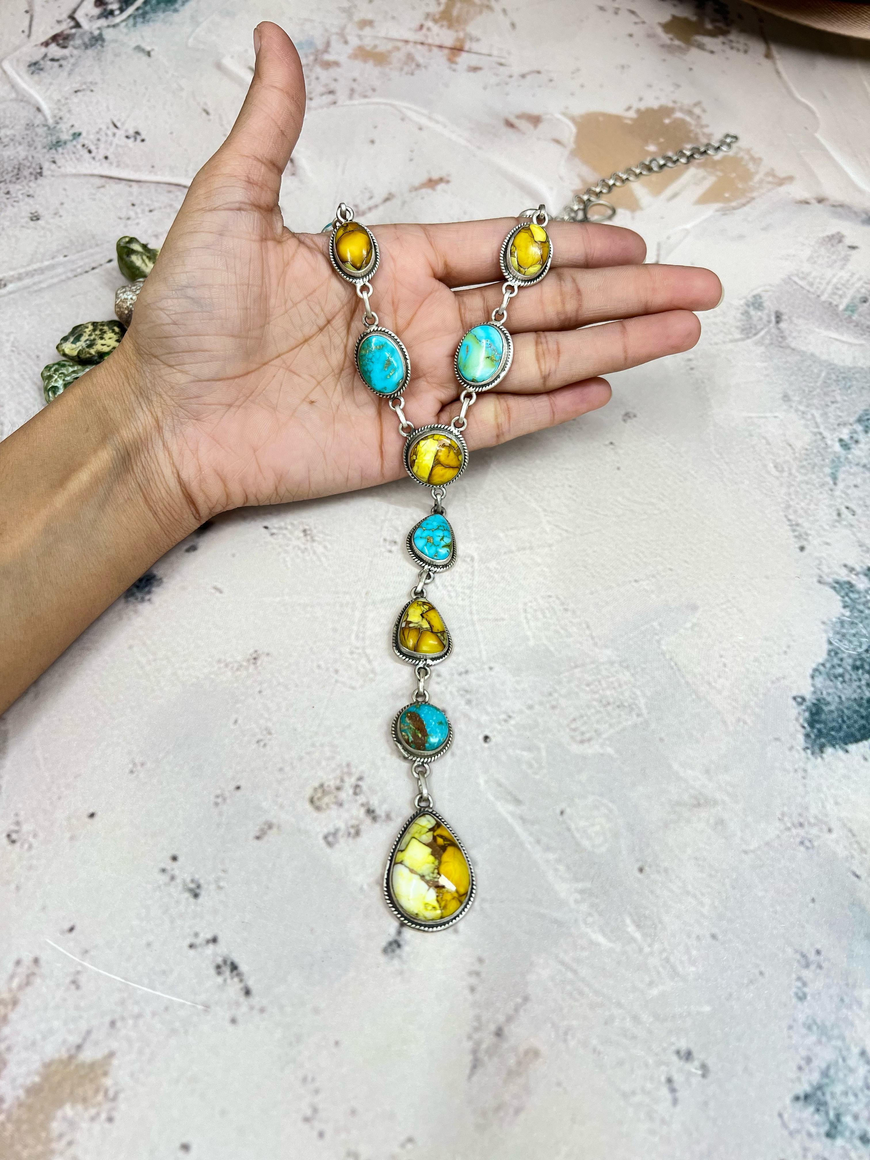 Handmade Sterling Silver Honey Dahlia with South Hill Turquoise Necklace, Signed Nizhoni