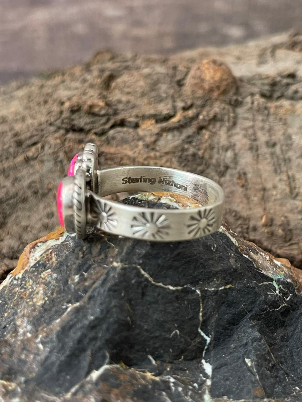 "Heart Collection" Handmade Sterling Silver Hot Pink Adjustable Ring "Signed Nizhoni"