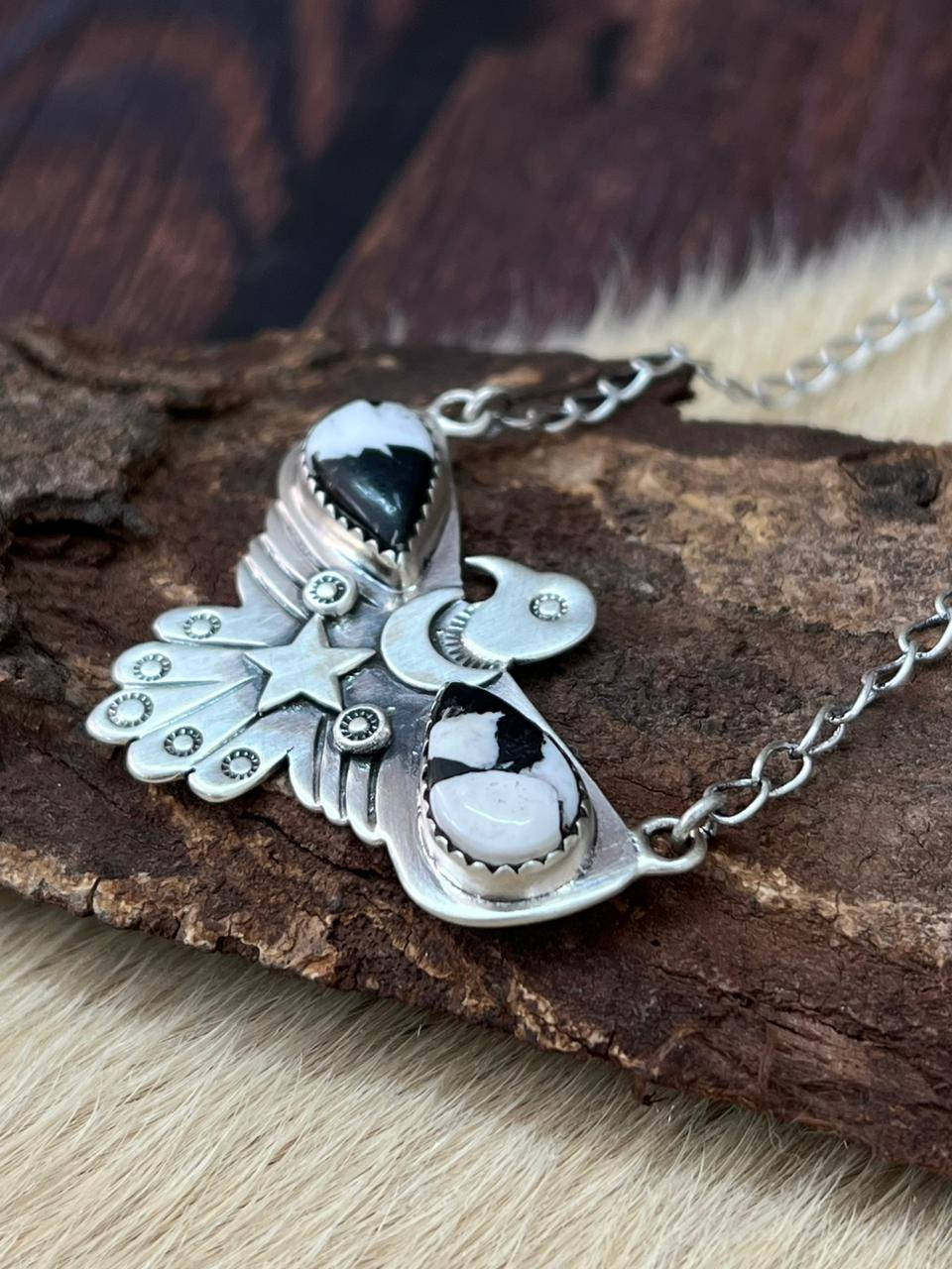 Handmade Sterling Silver White Buffalo Thunder Bird Necklace "Signed Nizhoni"