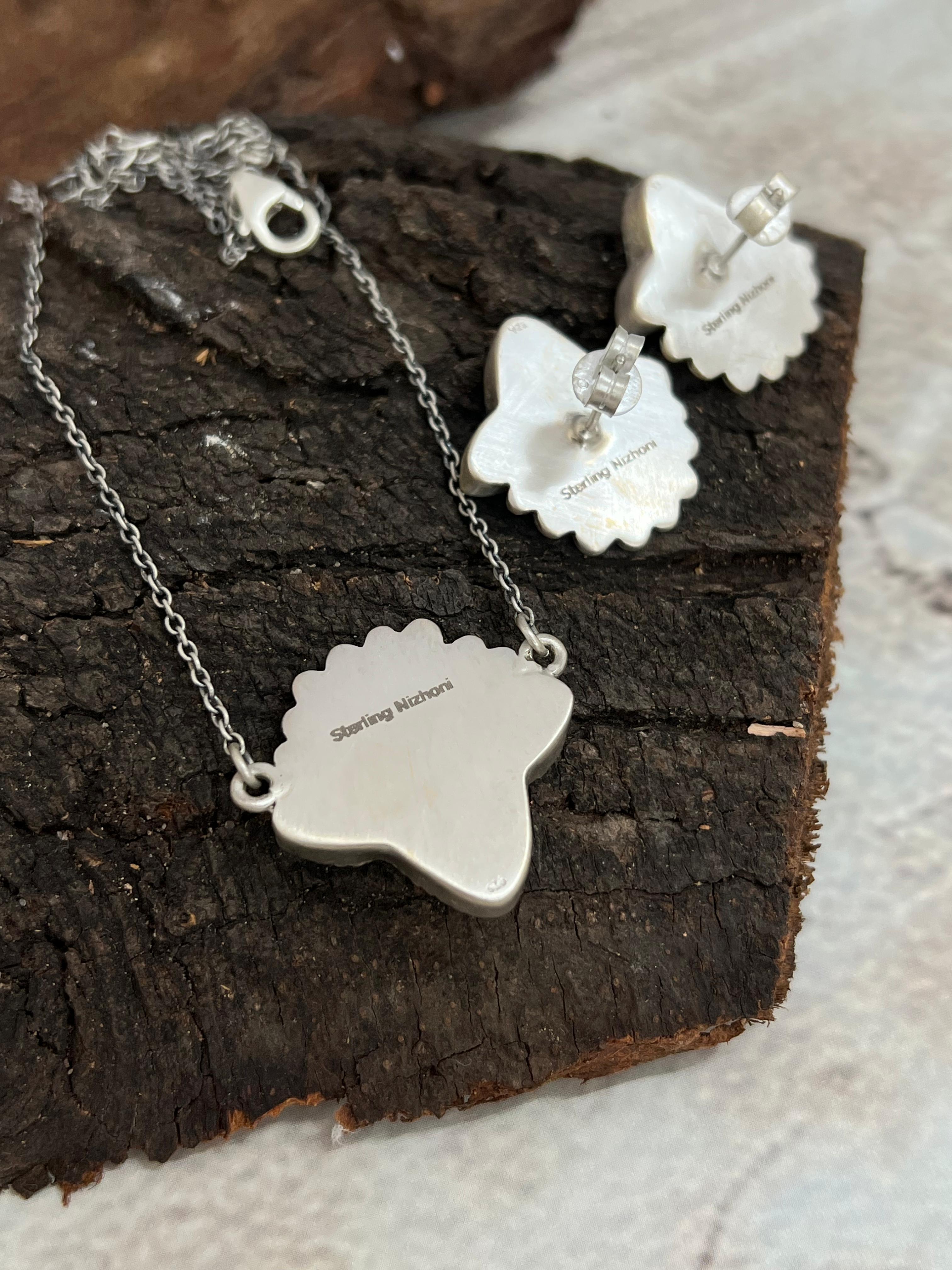 Handmade Sterling Silver Cotton Candy Turquoise Bull Necklace Earrings Set, Signed Nizhoni