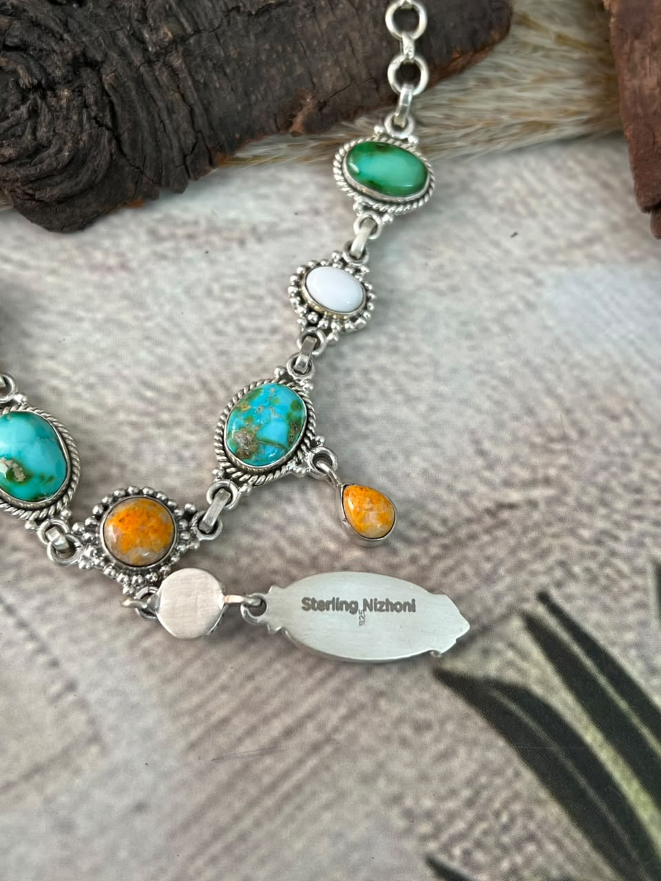 Handmade Sterling Silver Sonoran Mountain Turquoise with Bumblebee and White Buffalo Spring Collection: Necklace Signed Nizhoni