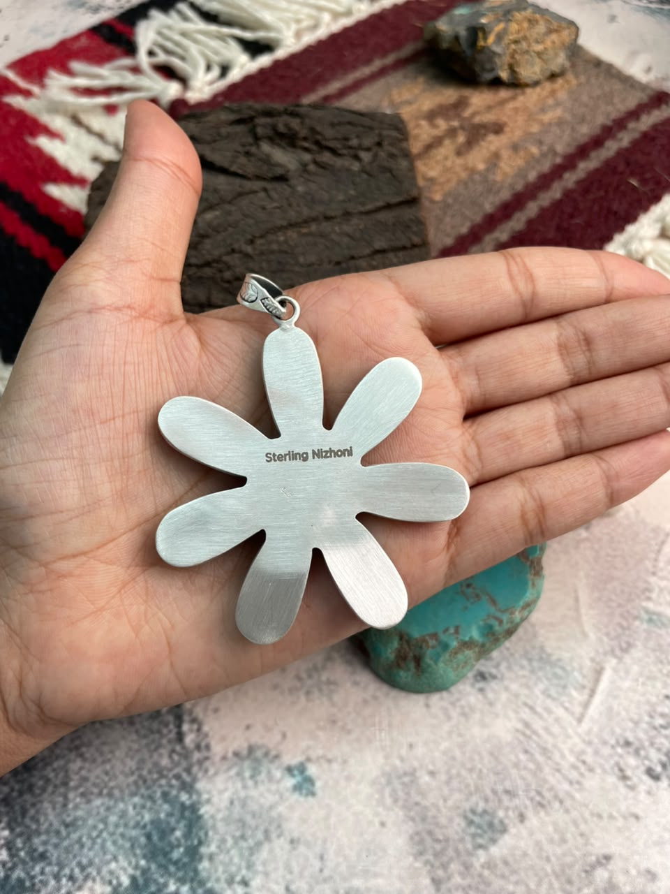 Handmade Sterling Silver Kingman with White Buffalo Turquoise Pendant Signed Nizhoni