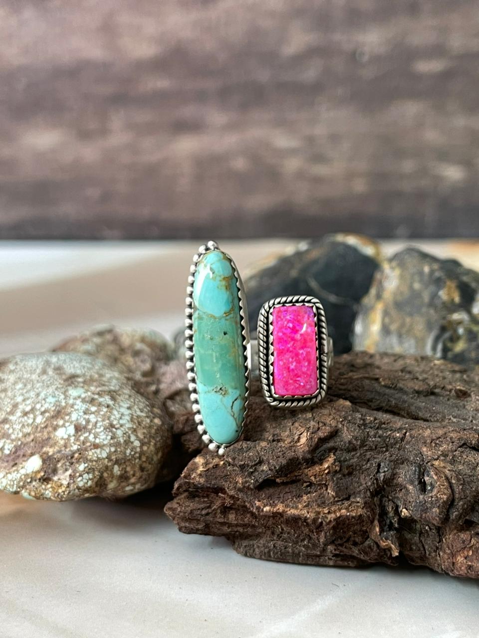 Handmade Sterling Silver Spring Collection: Kingman with Hot Pink Adjustable Ring "Signed Nizhoni"