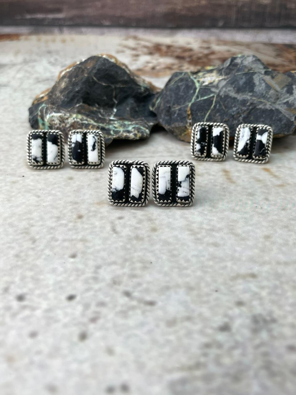 Handmade Sterling Silver White Buffalo Post Studs Earrings "Signed Nizhoni"