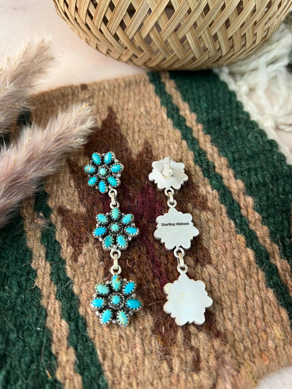 Handmade Sterling Silver Kingman Turquoise Post Dangle Earrings Signed Nizhoni