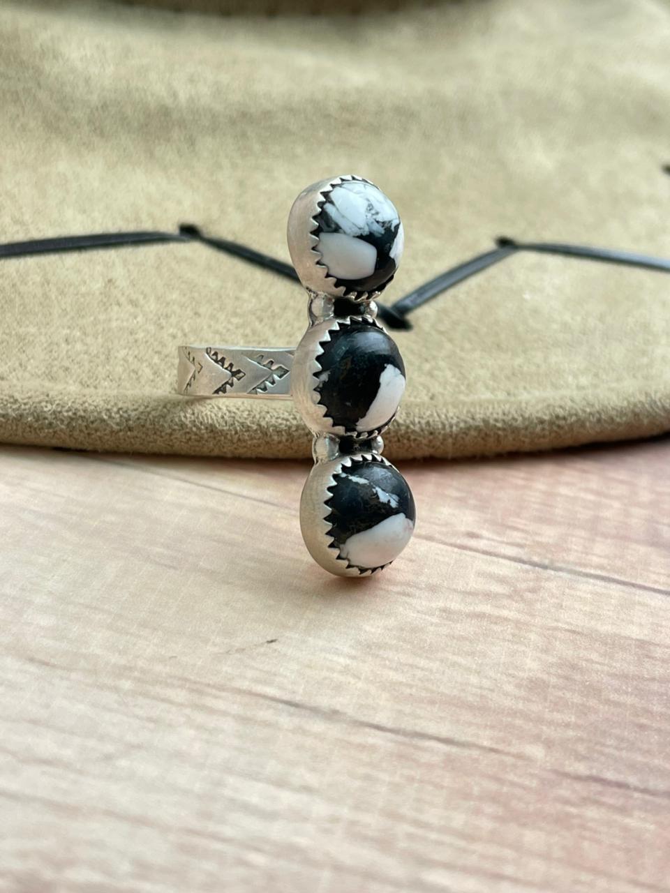 Handmade Sterling Silver White Buffalo Adjustable Ring "Signed Nizhoni"