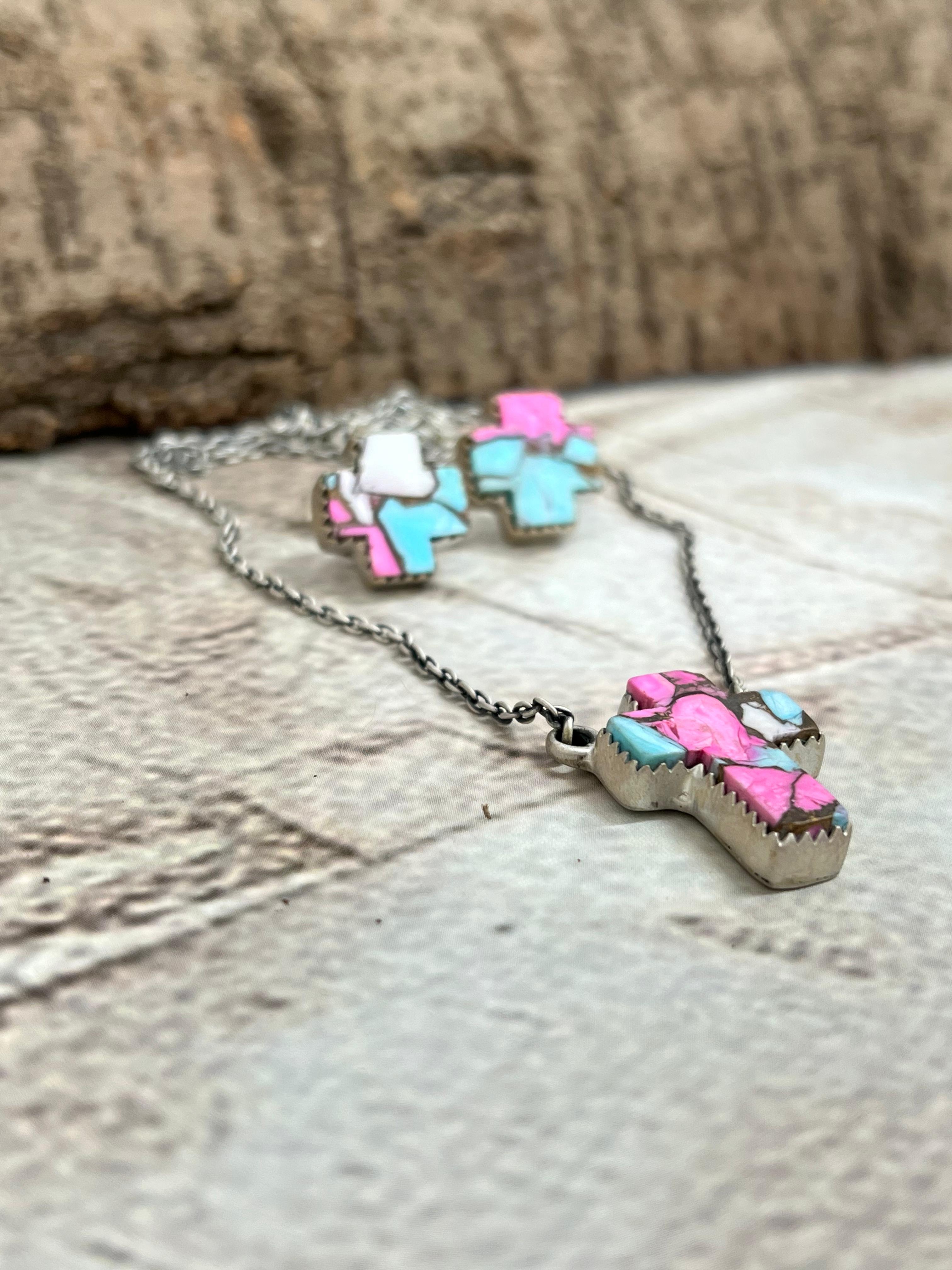 Handmade Sterling Silver Cotton Candy Turquoise Cross Necklace Earrings Set with Signed Nizhoni